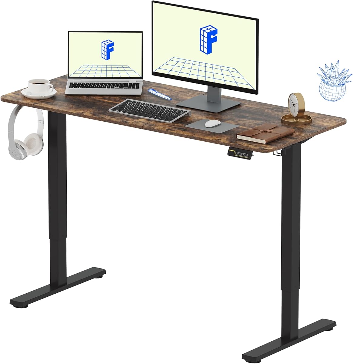 FLEXISPOT 140 * 60cm Electric Standing Desk Adjustable Sit Stand Up Computer Desk with Hook Memory Function for Office and Home (Rustic brown+Black)