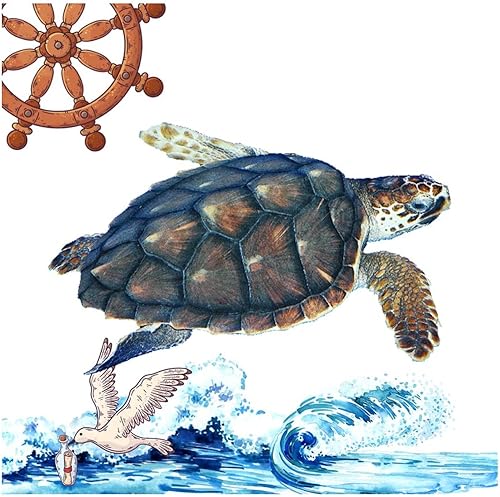 Miniatura 2 de Calcomanías de pared de tortuga marina subacuática con temática náutica de océano, barco, barco, volante, pájaro, espejo, calcomanía de pared,