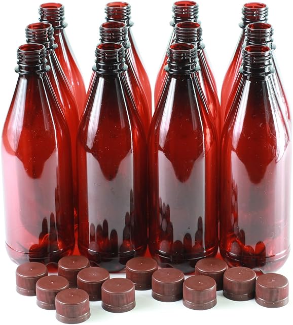 12 X Plastic Beer Bottles Amber/Red - Brown Lids - Homebrew (500ml)