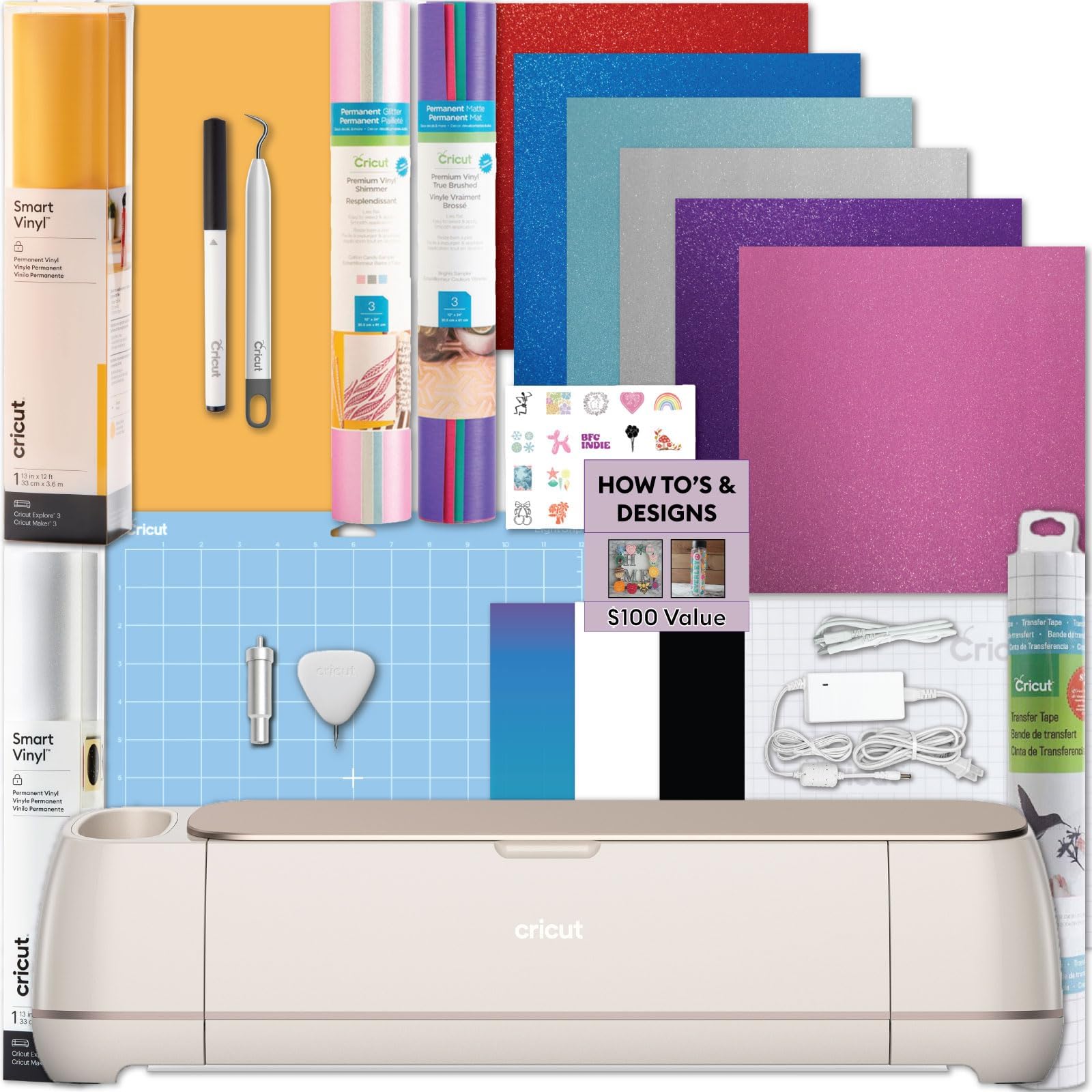 Maker 4 Cutting Machine with Smart Vinyl Rolls Bundle - Electronic Craft Die-Cutting Machine with Variety Vinyl, Transfer Tape and Weeding Tools, Beginner Kit, Bluetooth Connectivity