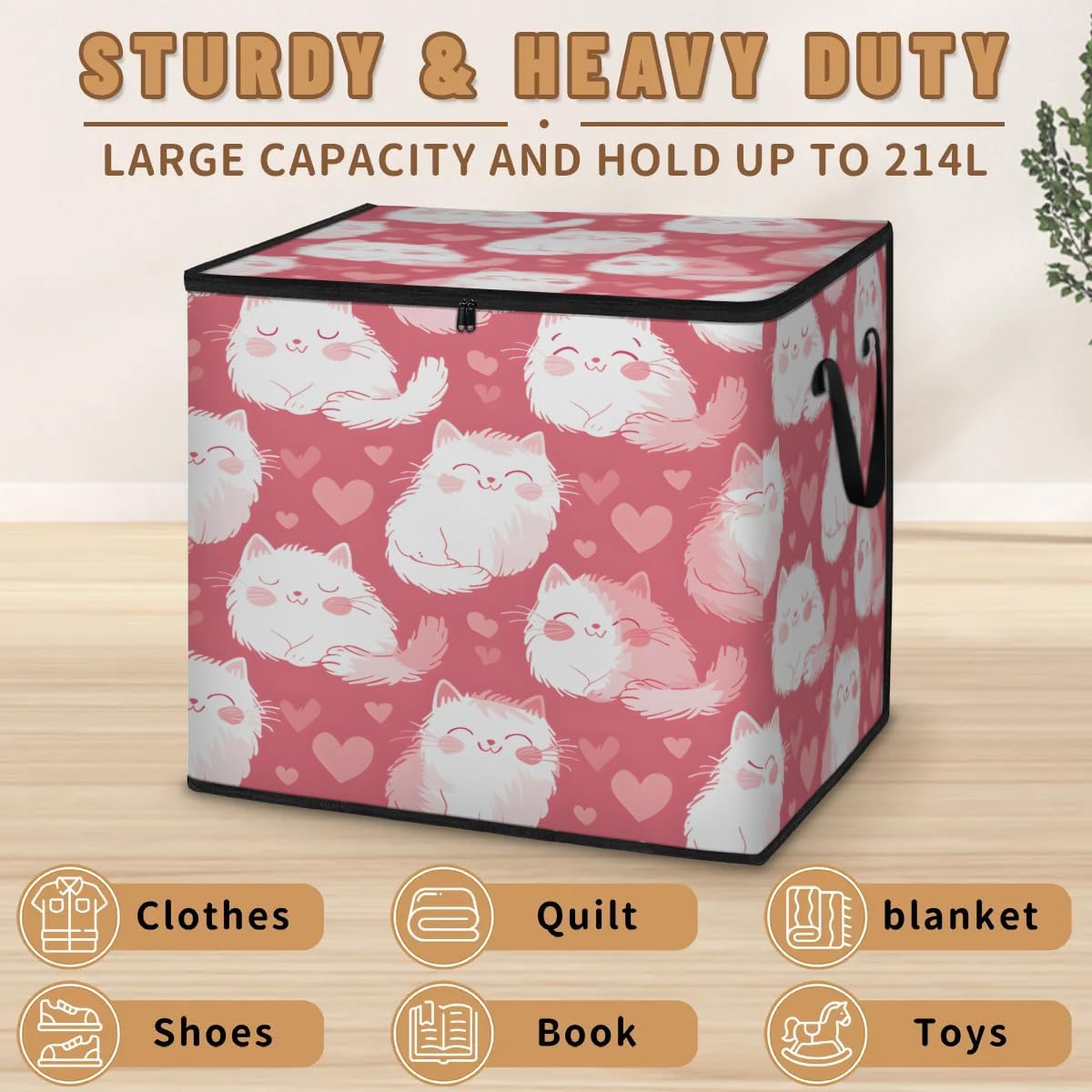 Honeybaby 214L Extra Large Comforter Storage Bag Animals Cats Cute Storage Totes with Lids Waterproof Closet Organizer Folding Blanket Storage Bags for Clothes Bedding Pillows