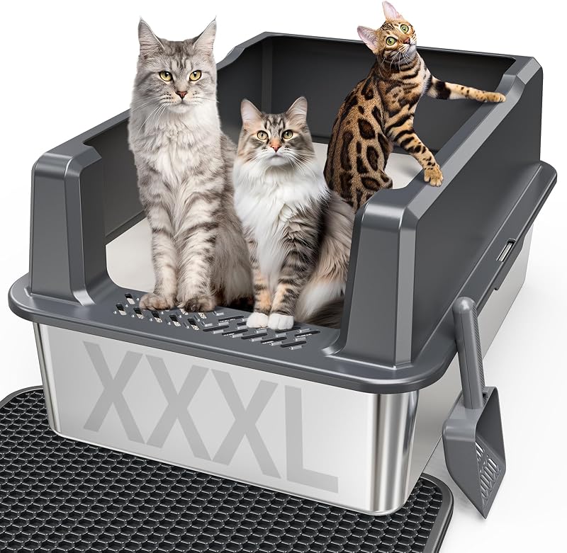 Caixa de Areia para Gatos em Aço Inoxidável com Tampa, Alta e Extragrande Pematar MTCDH002-GREY