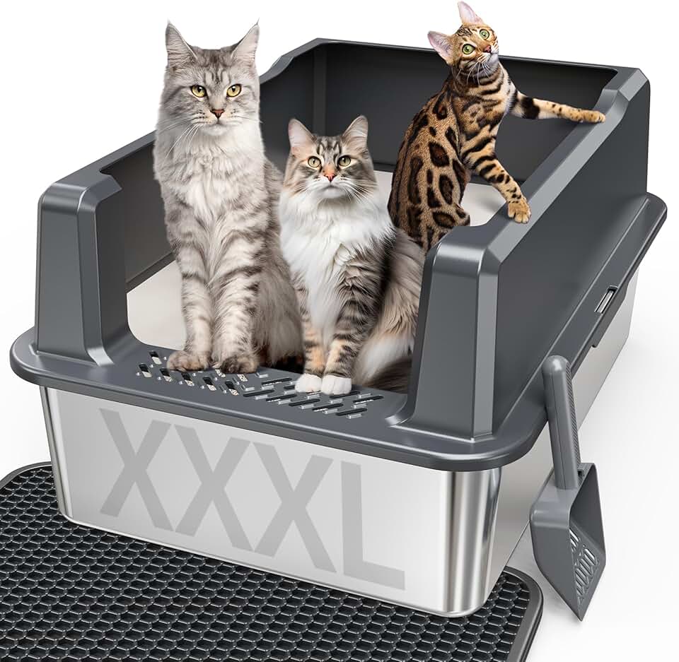 Extra Large XXL Stainless Steel Cat Litter Box with Lid, 26" L x 18" W x 12" H Metal Litter Box with Hight Sides for Big Cats & Mu