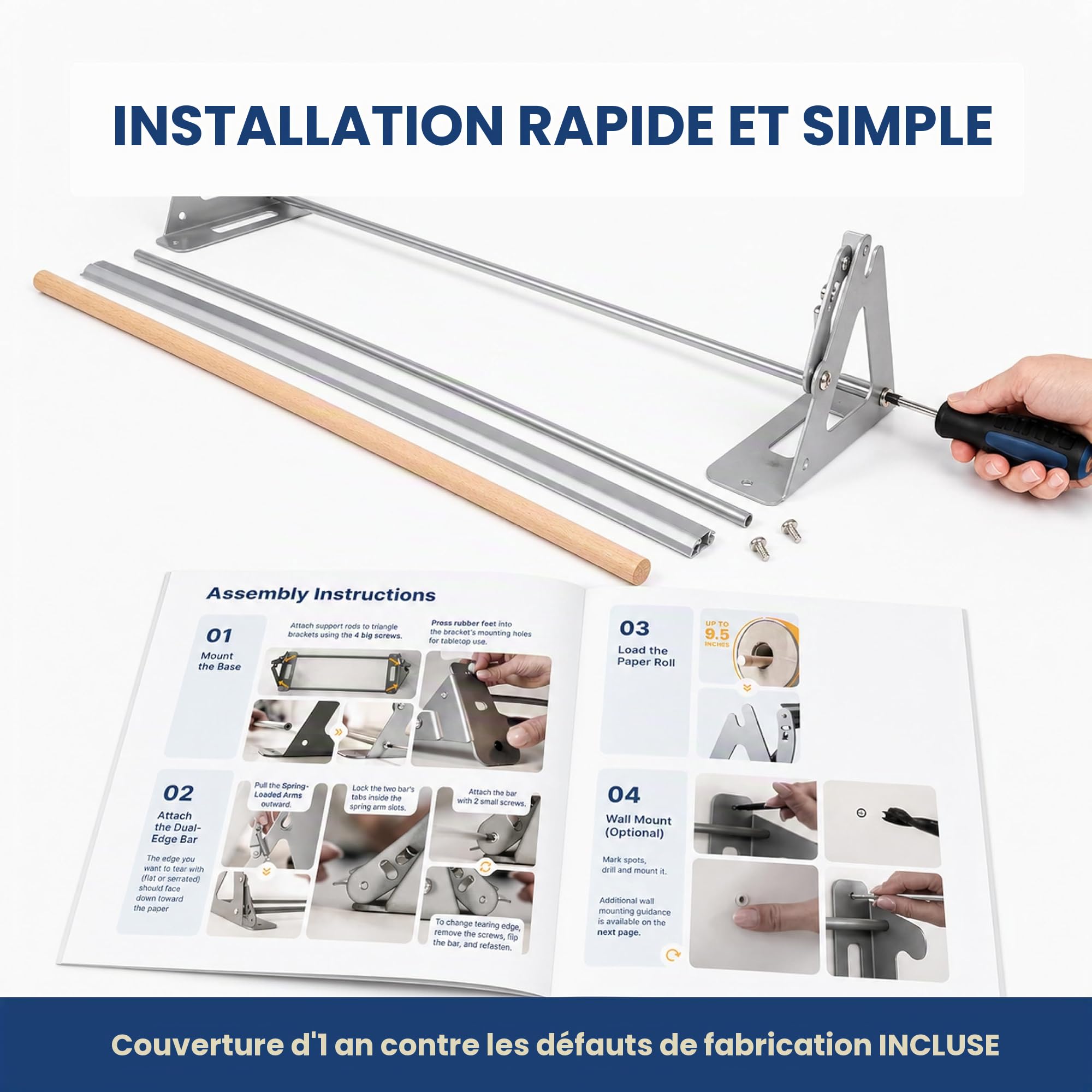Distributeur de rouleau de papier et cutter – Distributeur de papier kraft, congélateur et boucher robuste – Antidérapant et montage mural (61 cm) (jusqu'à 304,8 m)
