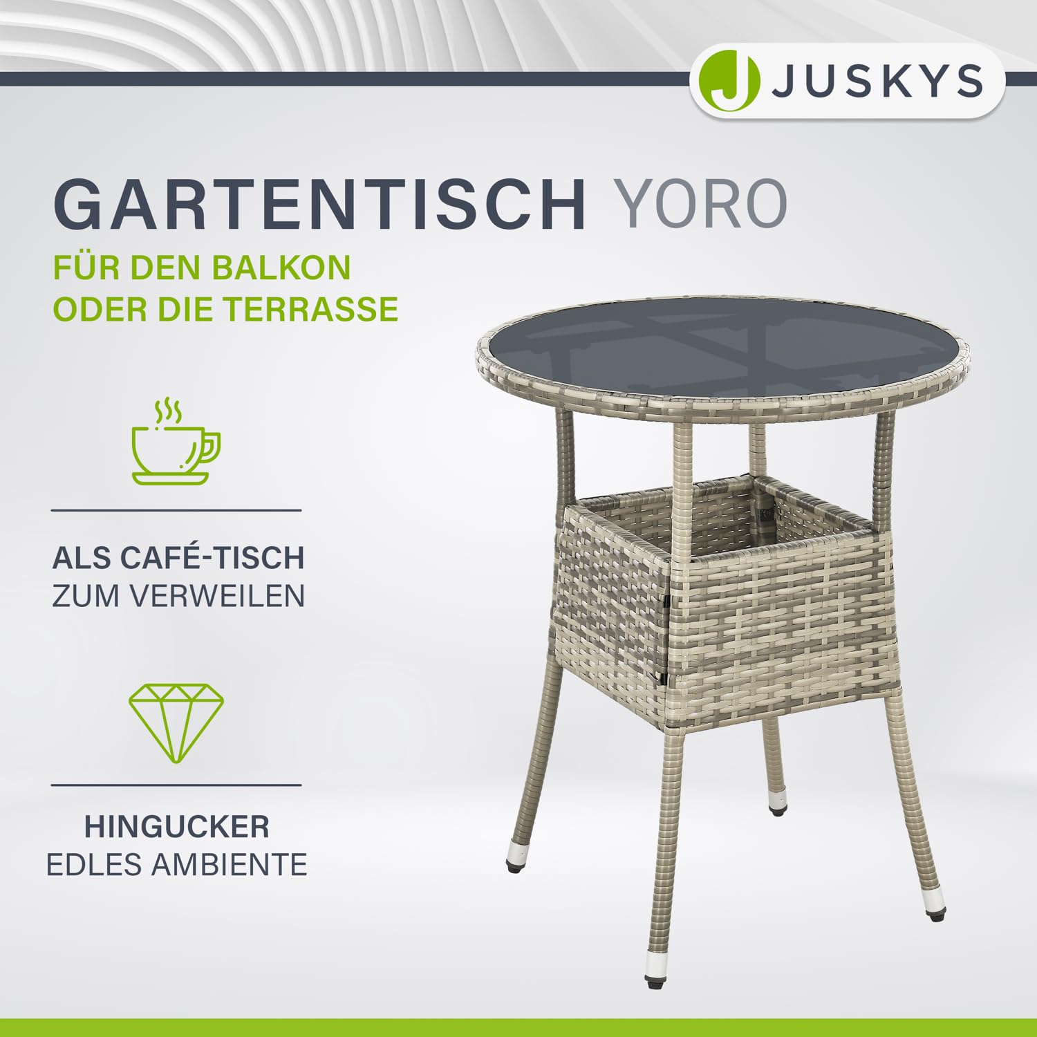 Juskys Polyrattan Gartentisch Yoro wetterfest - Balkontisch Ø 60 cm rund - Rattan Beistelltisch mit Glasplatte - Kleiner Tisch für Balkon - Grau