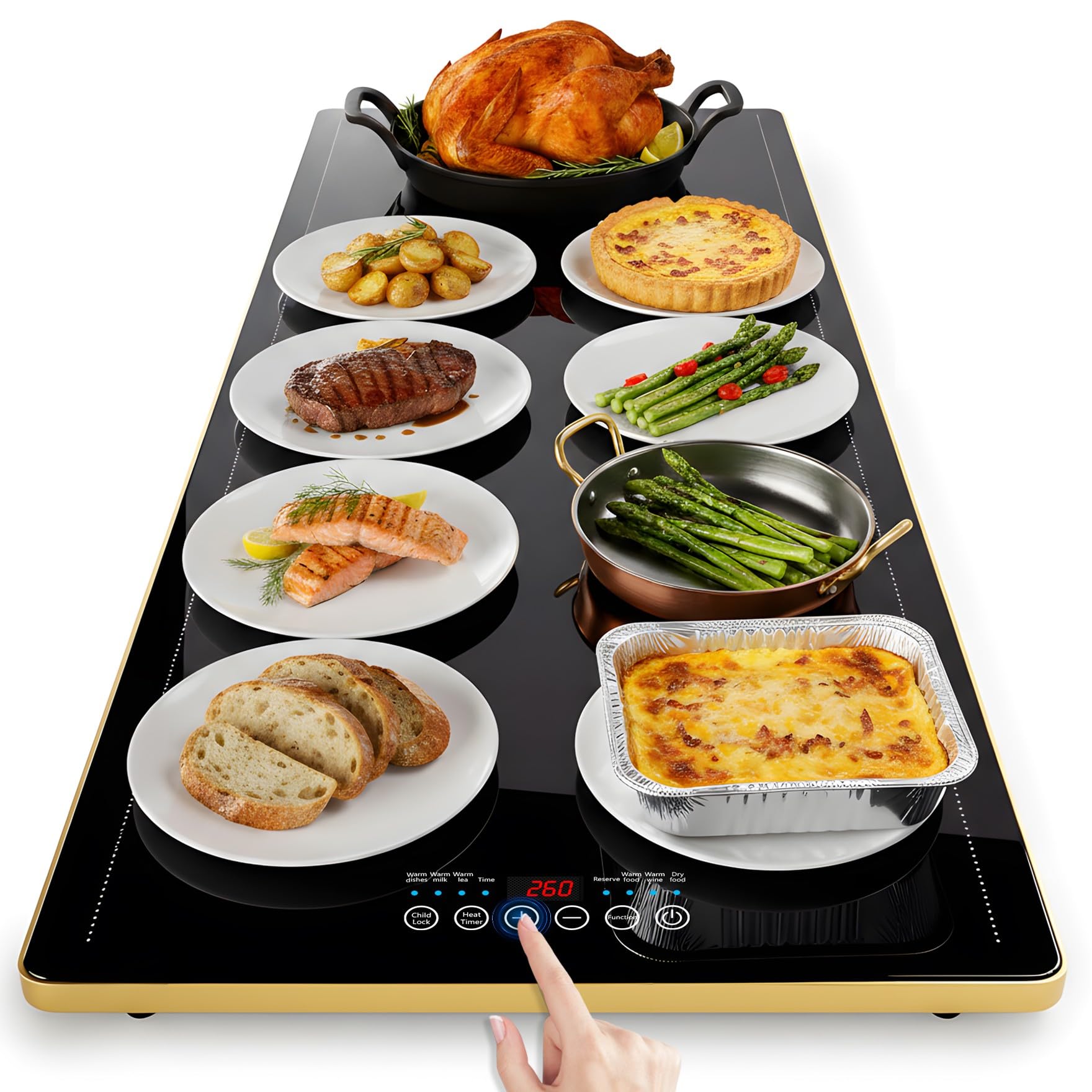 Electric Warming Trays for Buffets Party (XXL 40"x 14"): Warming Mat for Food Extra Large with Touchscreen, 9 Temp Modes, 24H Timer, Full Surface Heating, Tempered Glass Food Warmers, Gold Edge
