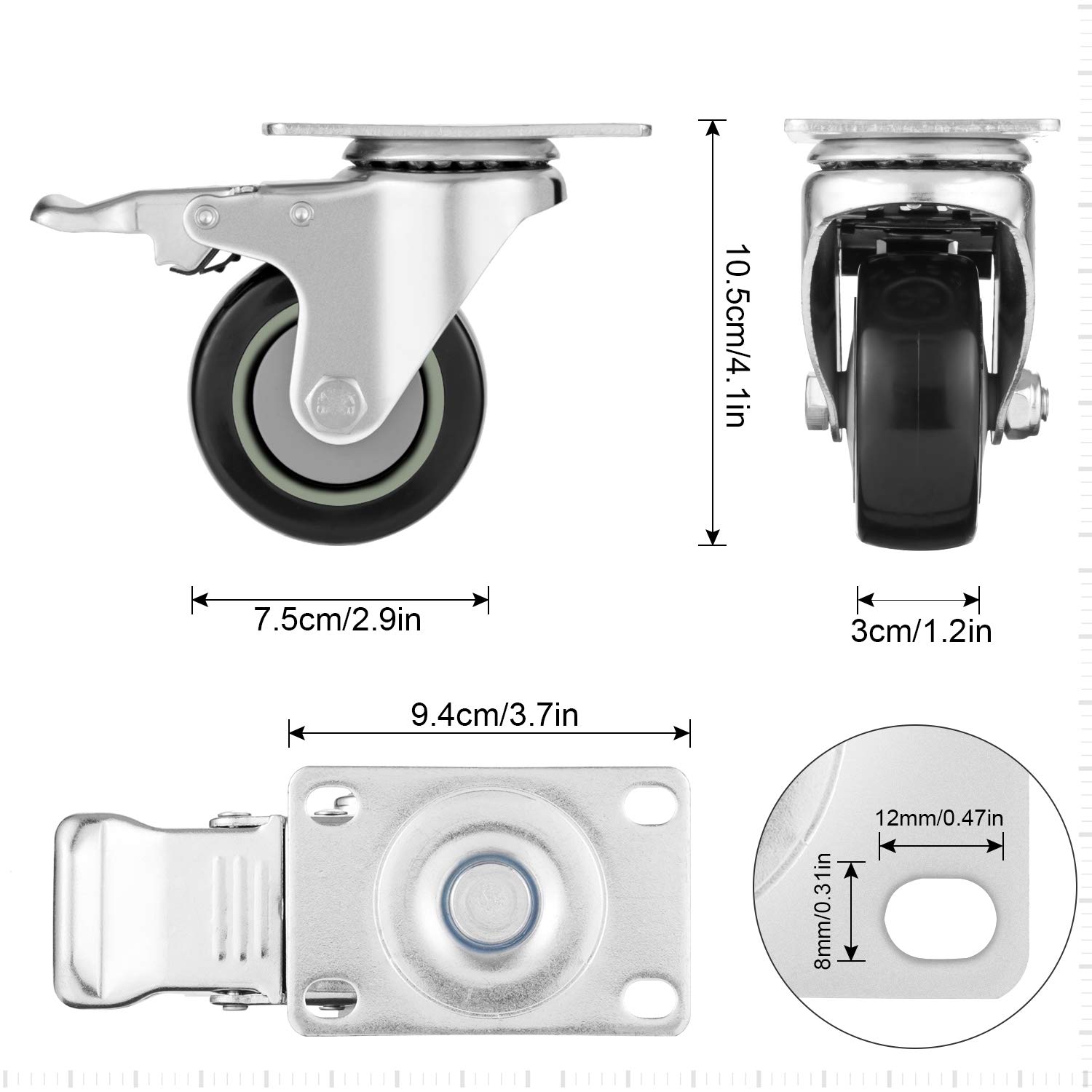 COOCHEER Set di 4 Ruote con freno,75 mm Ruote per mobili,Ruote girevoli, Nero(400KG)