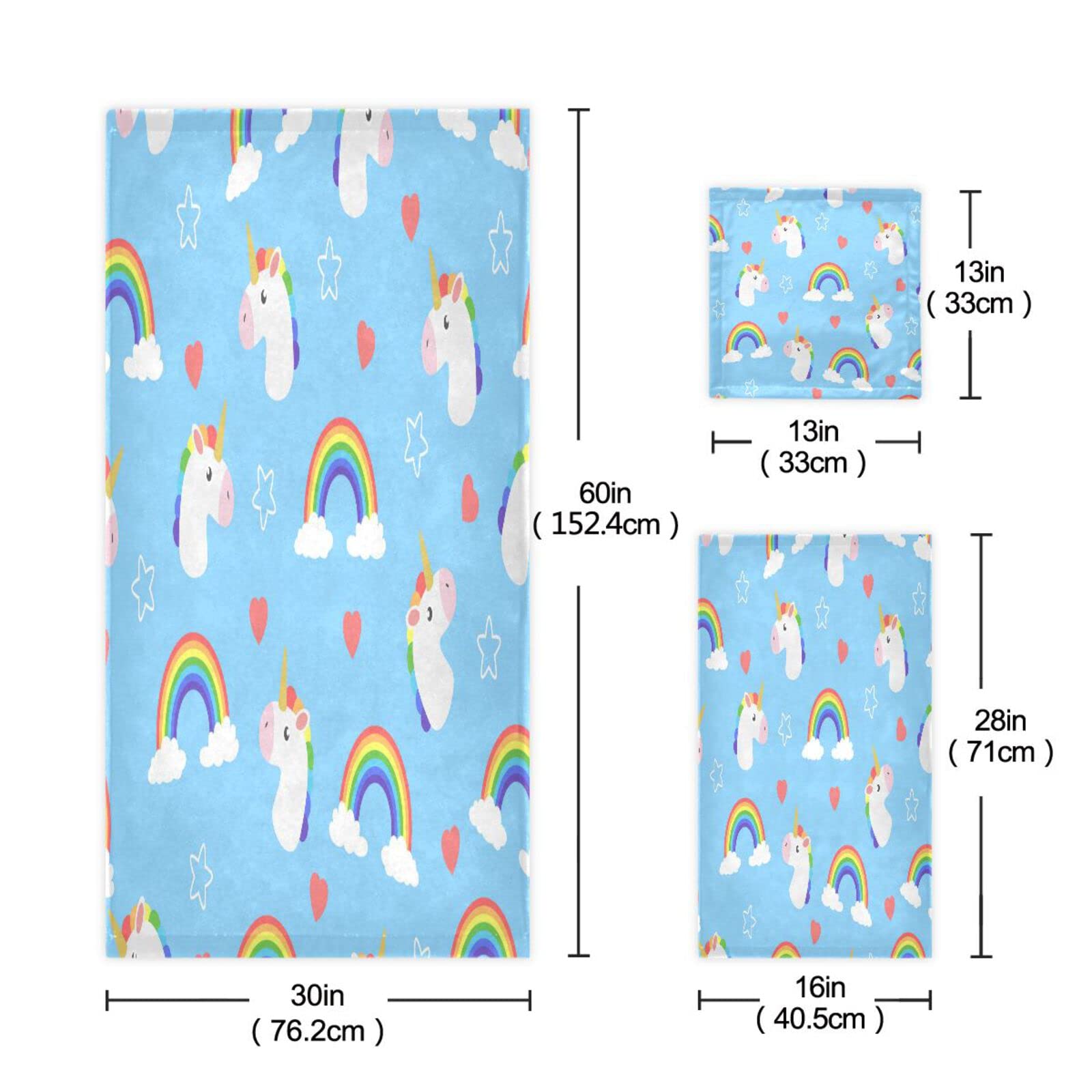 Unicornios Arcoíris Lindas Azules Juego de Toallas para Baño Playa 100% Algodón de Piscina Toalla (1 Toalla de Baño y 1 Toalla de Mano y 1 Paño de Lavado) para Nadar Hotel Niñas Niños Niños