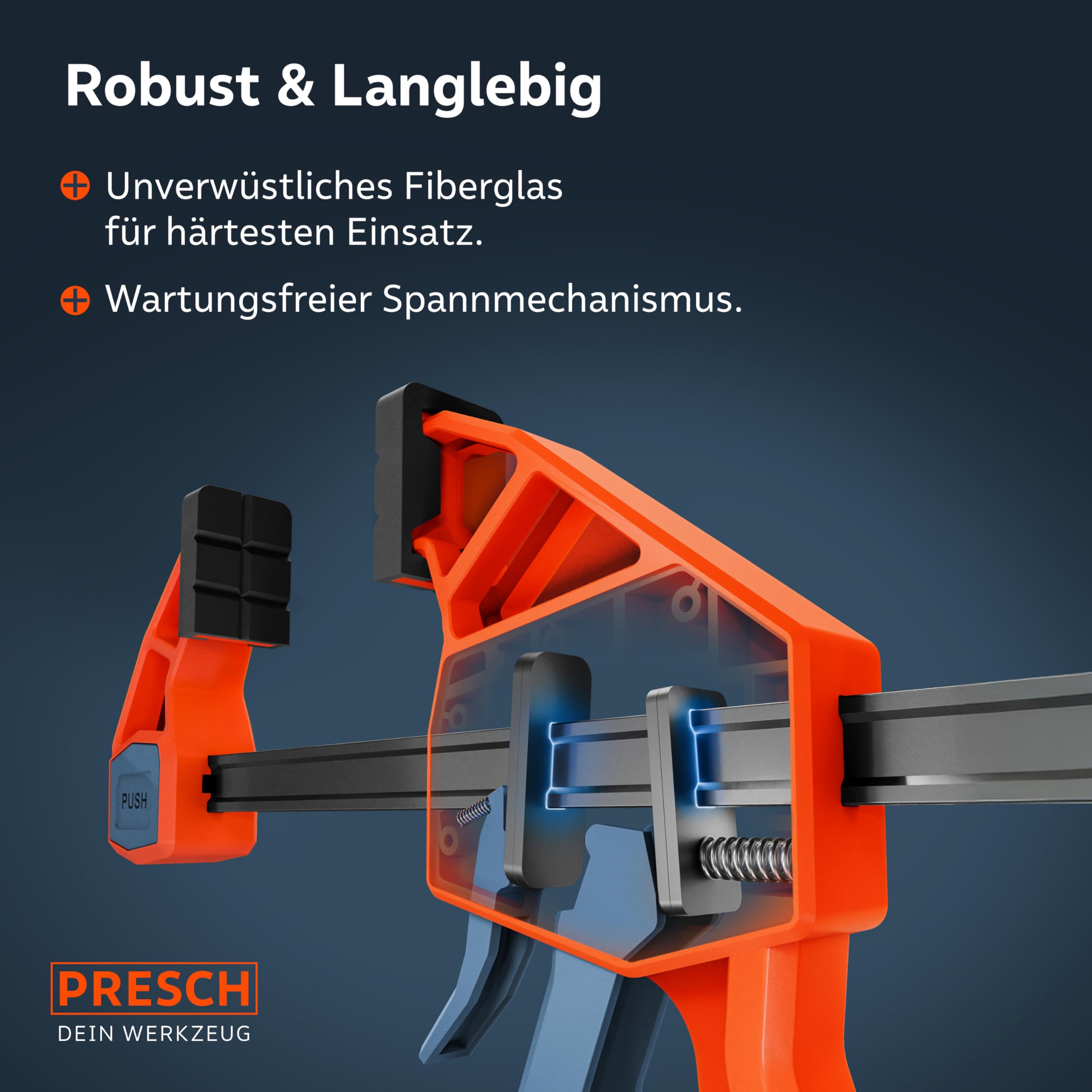 PRESCH Einhandzwingen 150mm & 300mm 4 Stk. – Zwingen Set mit 75kg Spannkraft für sofortiges Fixieren – Robuste Schnellspannzwingen dank Carbonstahl & glasfaserverstärktem Gehäuse – Mit Spreizfunktion