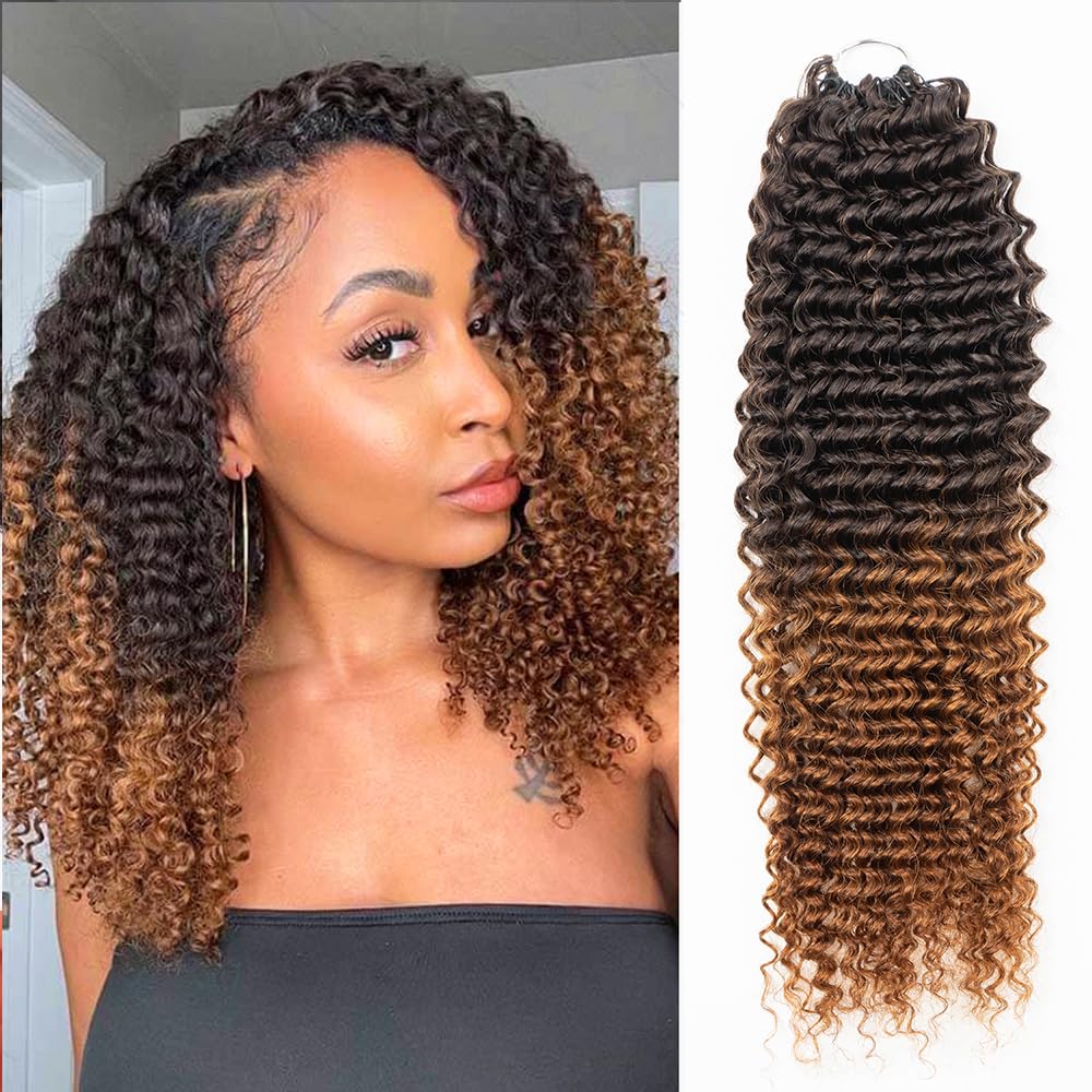 QVR Extensions de cheveux humains afro crépus bouclés au crochet fabriqués à la machine - Brun ombré - 35 cm