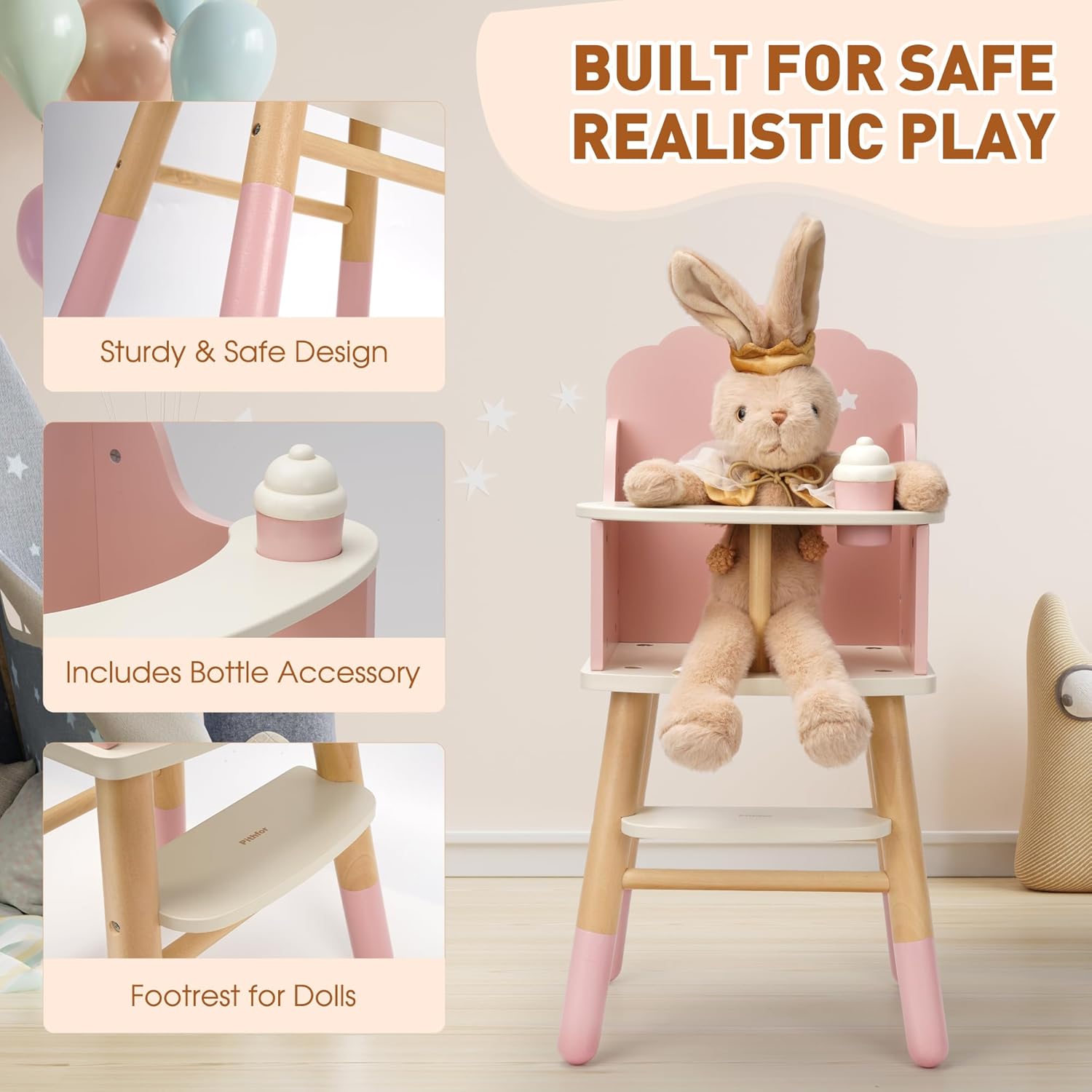 Wooden Baby Doll High Chair, Doll Furniture, Fits Up to 18 inch Baby Dolls, 18 inch Doll Accessories - Pink
