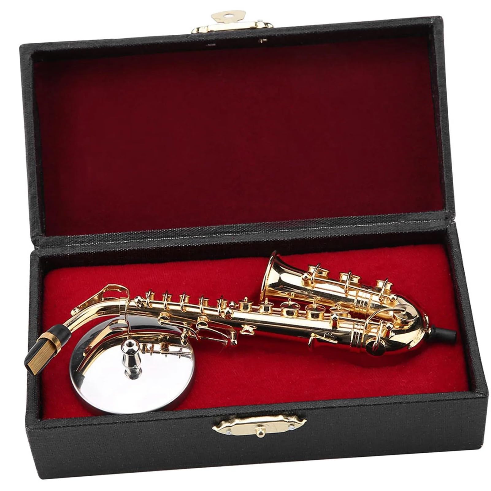 Ozdoby na instrumenty muzyczne Miniaturowy saksofon altowy ze stojakiem i futerałem zdobiony pozłacanym instrumentem muzycznym
