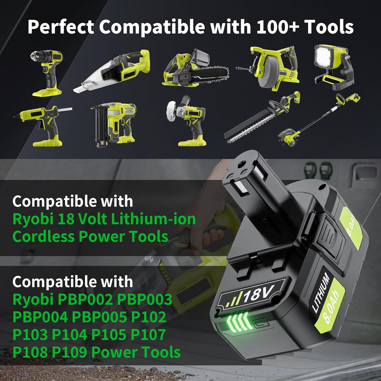 8000mAh 2Packs Replacement for Ryobi 18V Battery, Compatible with Ryobi Battery ONE+ P102 P103 P104 P105 P107 P109 P122 PBP002 PBP003 PBP004 PBP005 RB18L50 Cordless Tool with LED Indicator - Image 7