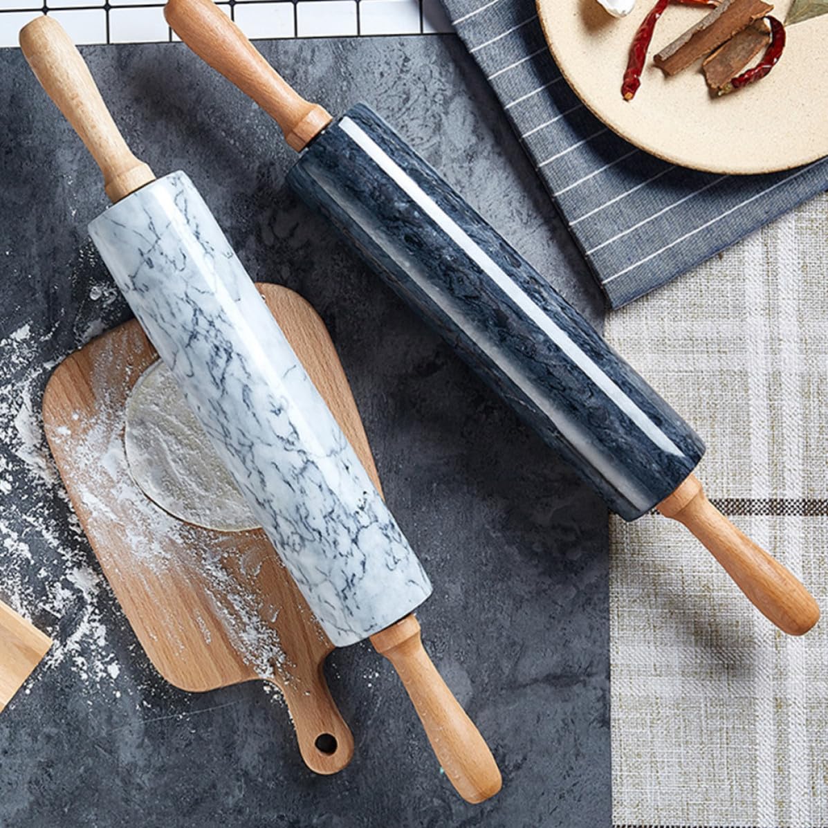 Holzgriff Nudelholz aus Marmor Praktischer Teigroller für Backen und Kochen Langlebiger Natürlicher Antihaftbeschichteter Ausrollstab für Zuhause und Geschenk