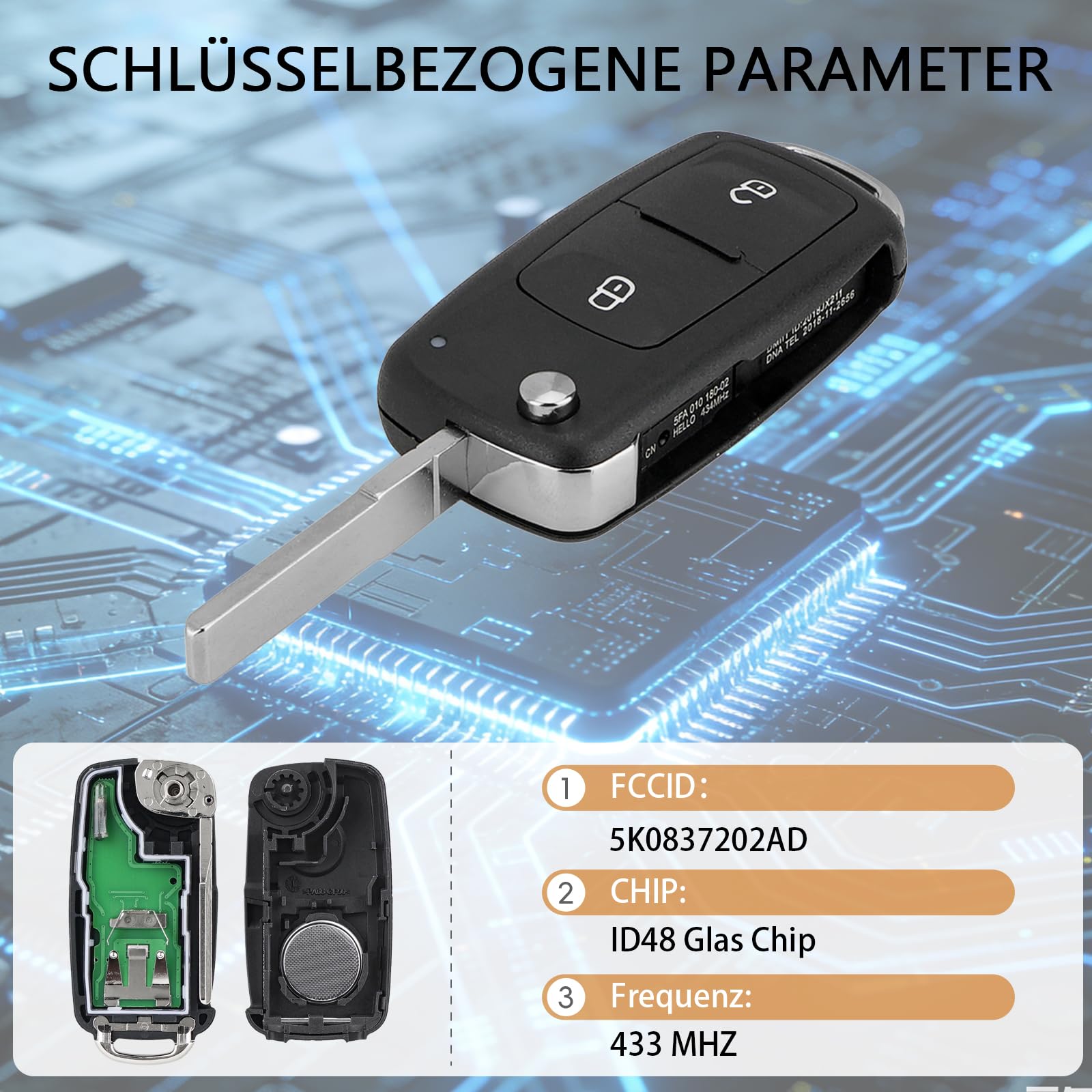 Funkschlüssel kompatibel mit VW Transporter Amarok Polo Golf, 433 MHz, 2 Tasten, 5K0837202AD, mit Batterie und Werkzeug