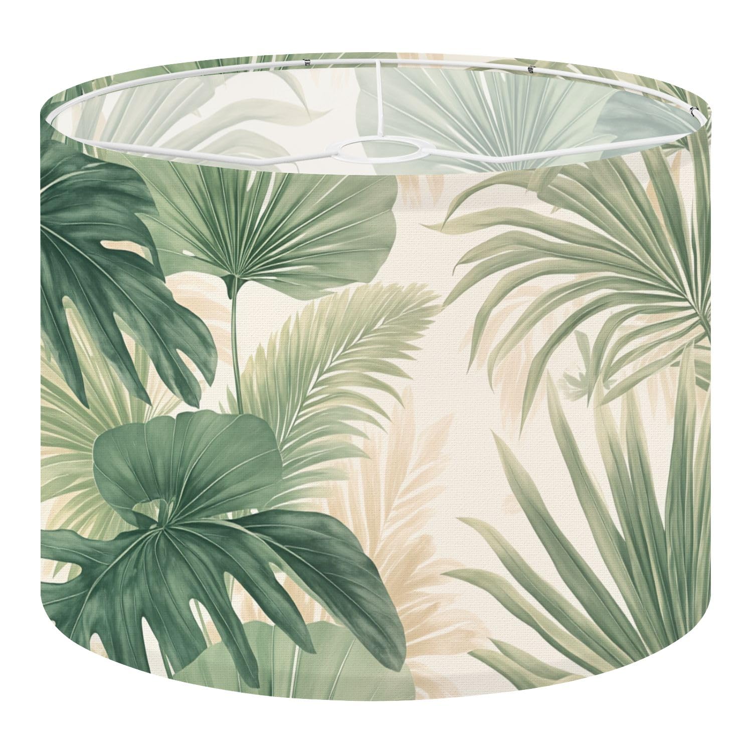Fabric Drum Lamp Shade Tropical Palm Leaves Soft Olive Green Beige Tones Vintage Funky Medium Linen Decorative Lampshades 13inch Set of 1 for Table Lamps, Floor Lamps,Ceiling Lamp
