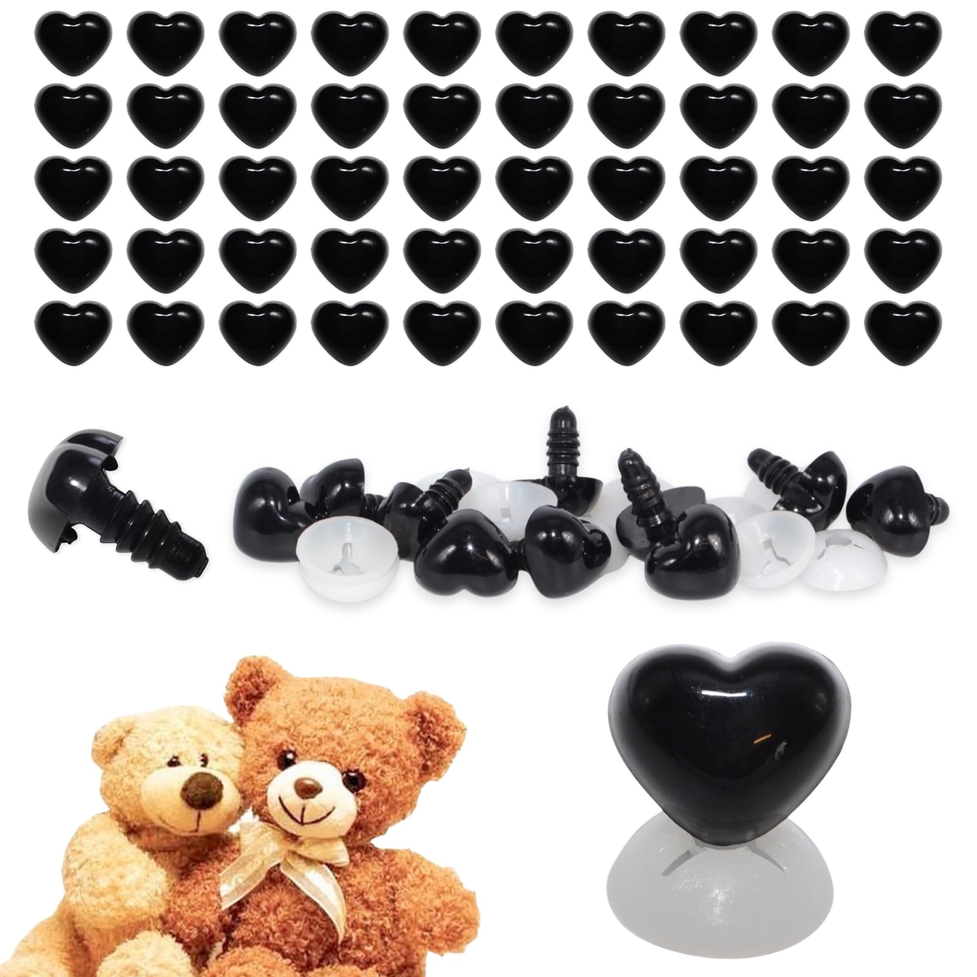 celloexpress 18mm x 15mm Black Heart Noses with Plastic Backs - Safety Noses for Soft Toy Teddy Bear Animal Making (Pack of 50)