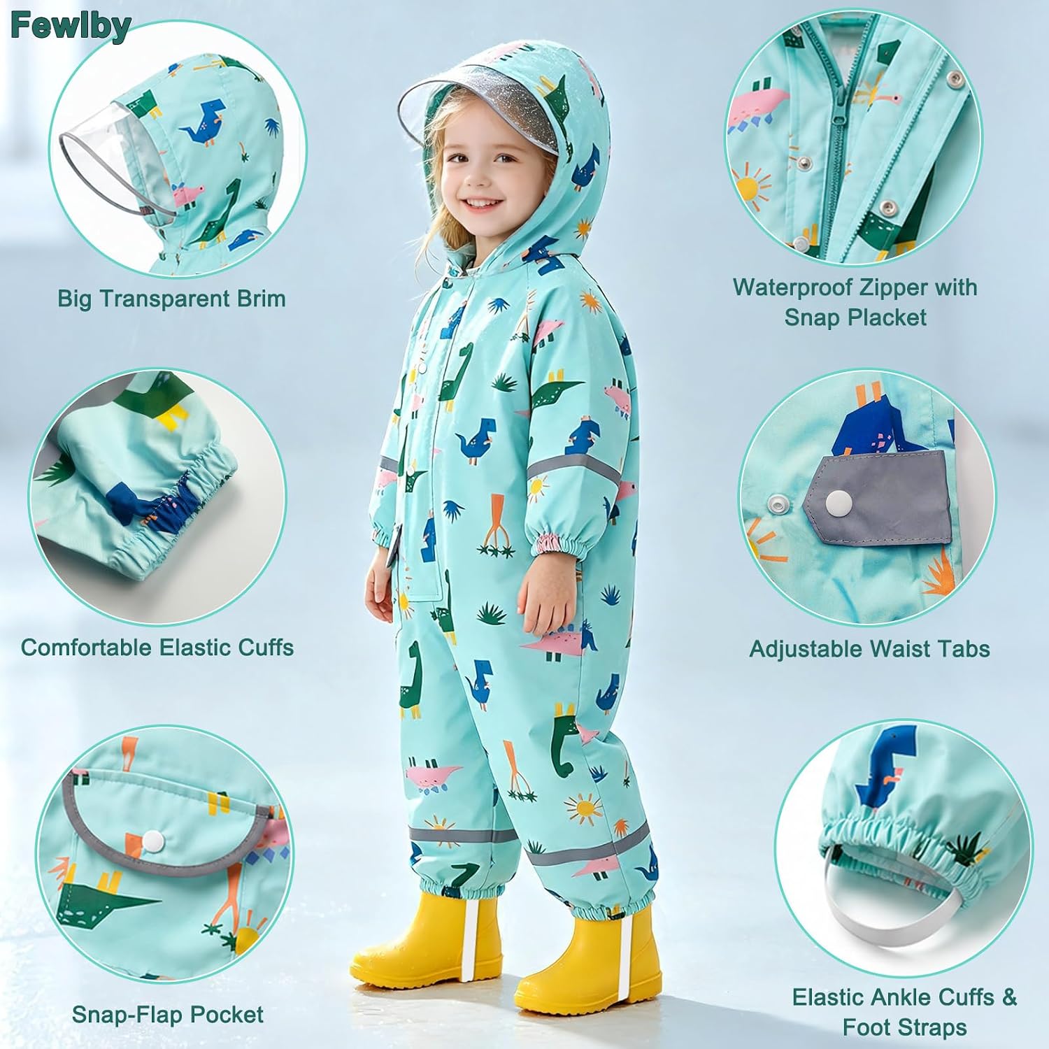Fewlby Kids Rain Suit Toddler Girls Raincoats One Piece Hoodie Cartoon Rain Gear Coverall Waterproof Rainwear