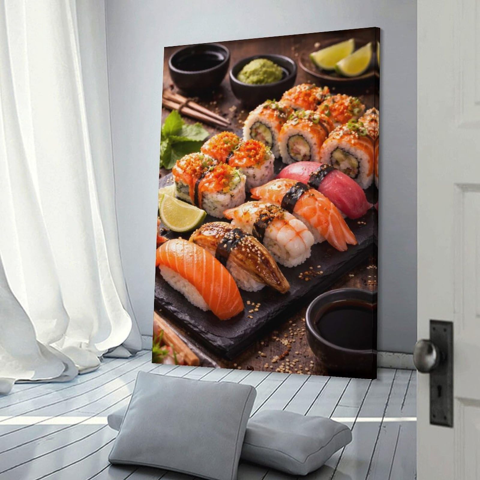 Junmoney Frame-Style-2 Canvas Art Print Assortment Of Sushi And Rolls, 08X12inch(20X30cm), For Contemporary Homes, Apartments Or Offices, Decorative Canvas Decor For Home Updates