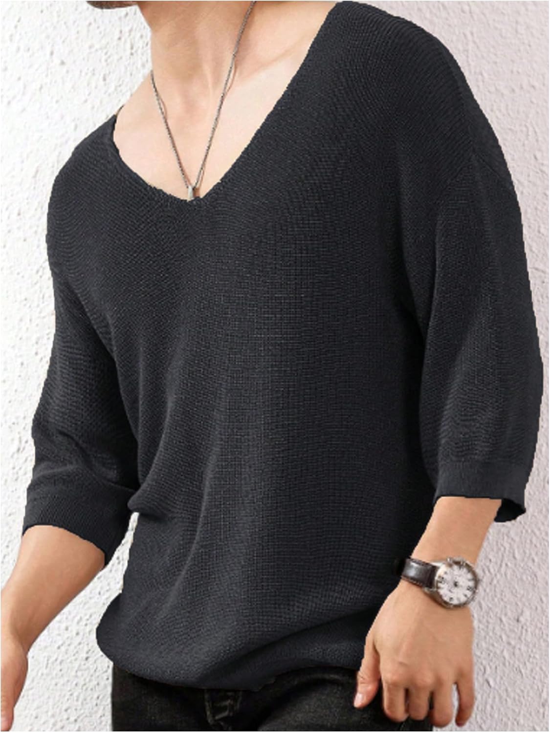 Verdusa Men's V Neck Drop Shoulder Lightweight Sweaters 3/4 Sleeve Knit Tops - Image 3