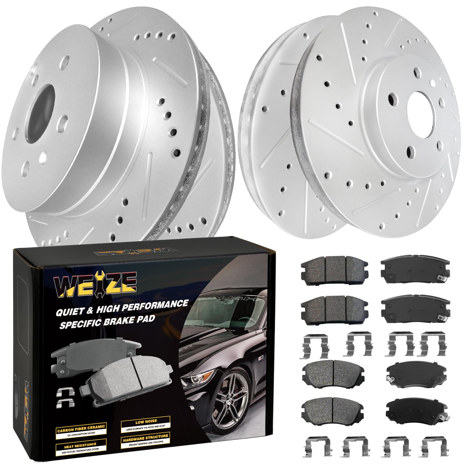 WEIZE Front Rear Truck & Tow Brake Kit, Carbon Fiber Ceramic Brake Pads & Drilled/Slotted Brake Rotors Set, Fit for Chevy Equinox GMC Terrain 2010-2017