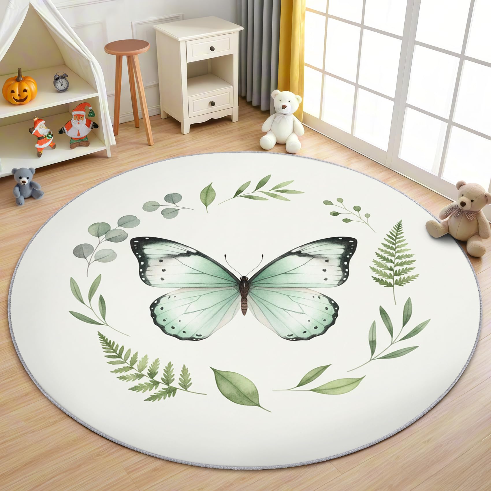 Schmetterling Teppich Rund 120cm Kurzflor - Waschbare Teppiche Wohnzimmer Mädchen Blätter Grün Boho Schmetterlinge - Runder Teppich 120 Durchmesser Kinderzimmer - Bettvorleger rutschfest