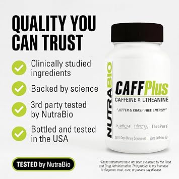 NutraBio CaffPlus, Dual Source Caffeine with Theanine for Healthy Energy Boost - 60 Vegetable Capsules