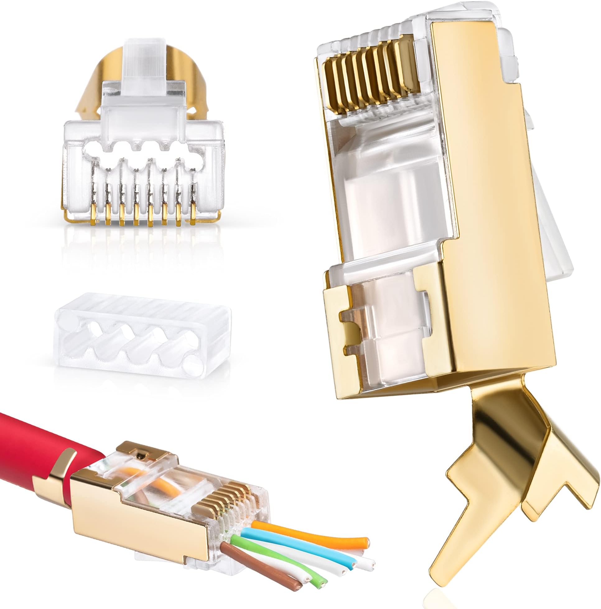 Everest Media Solutions RJ45 Cat7 & Cat6/6A Pass Through connectors 30 Pcs | 8P8C 50UM Gold Plated Shielded Ftp/Sstp | EZ RJ45 Modular Plug for 24-23 AWG Ethernet Cable