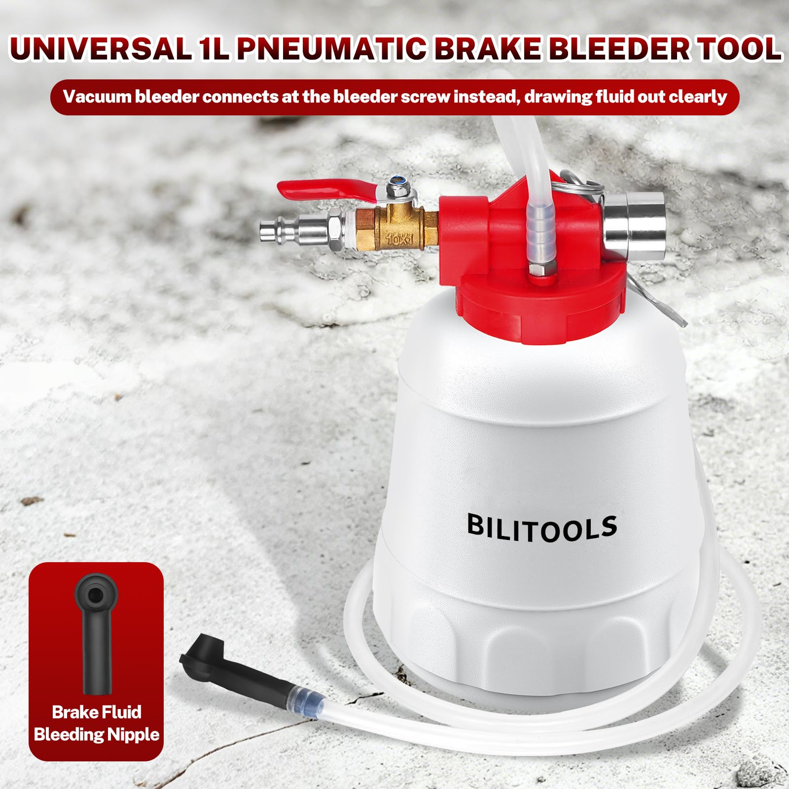 BILITOOLS Kit universal de purga de frenos de 1 litro, herramienta de purga de líquido de frenos al vacío | Kit de extractor de líquido de embrague para una sola persona, rápido, limpio y eficiente