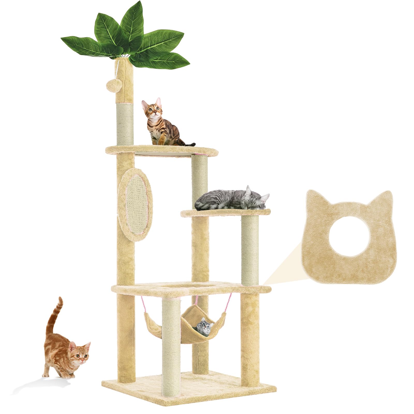 61" Large Cat Tree Tower for Indoor Cats with DIY Green Leaves Scratching Post Multi Soft Hang Ball Plush Cat House Furniture 360° Rotating Cat Scratch Board with Hammock, Beige