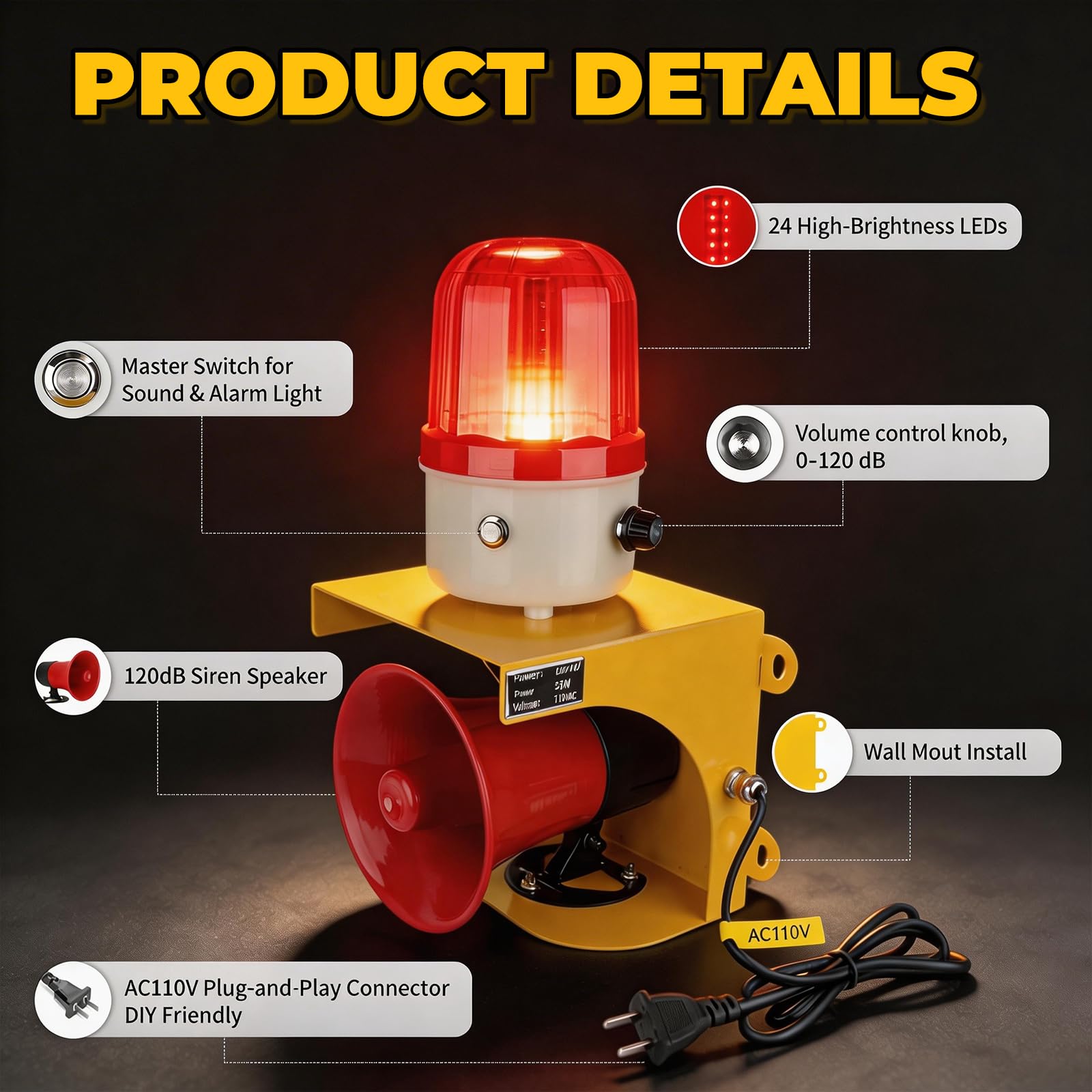 Sirène industrielle 110 V - Lumière stroboscopique - Klaxon fort de 120 dB et balise rouge étanche pour urgence, usine, incendies, tornade, dissuasion d'intrus (avec interrupteur et volume