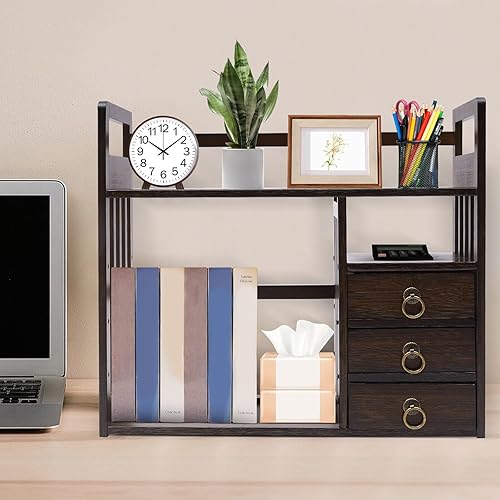 Miniatura 3 de CNCEST Estantería de mesa de bambú, estantería de escritorio de 3 cajones, multifuncional, organizador de almacenamiento de escritorio, estantería