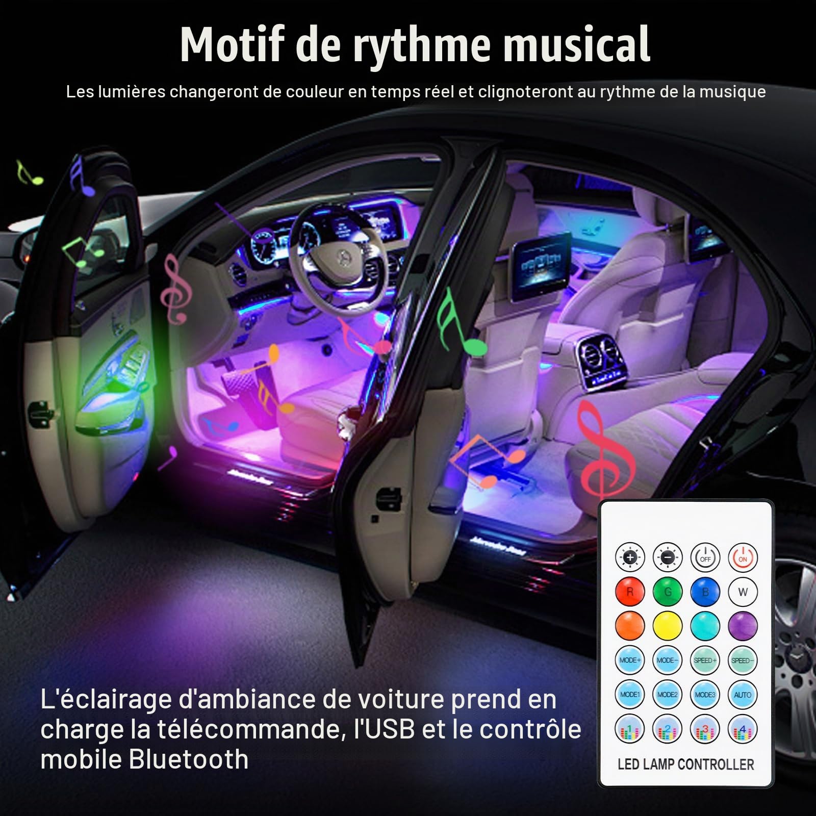 Led Ambiance Voiture, 110 Cm + 35 Cm Led Voiture Interieur, Avec 220 Modes Dynamiques, Usb, Prend En Charge La Commande Bluetooth