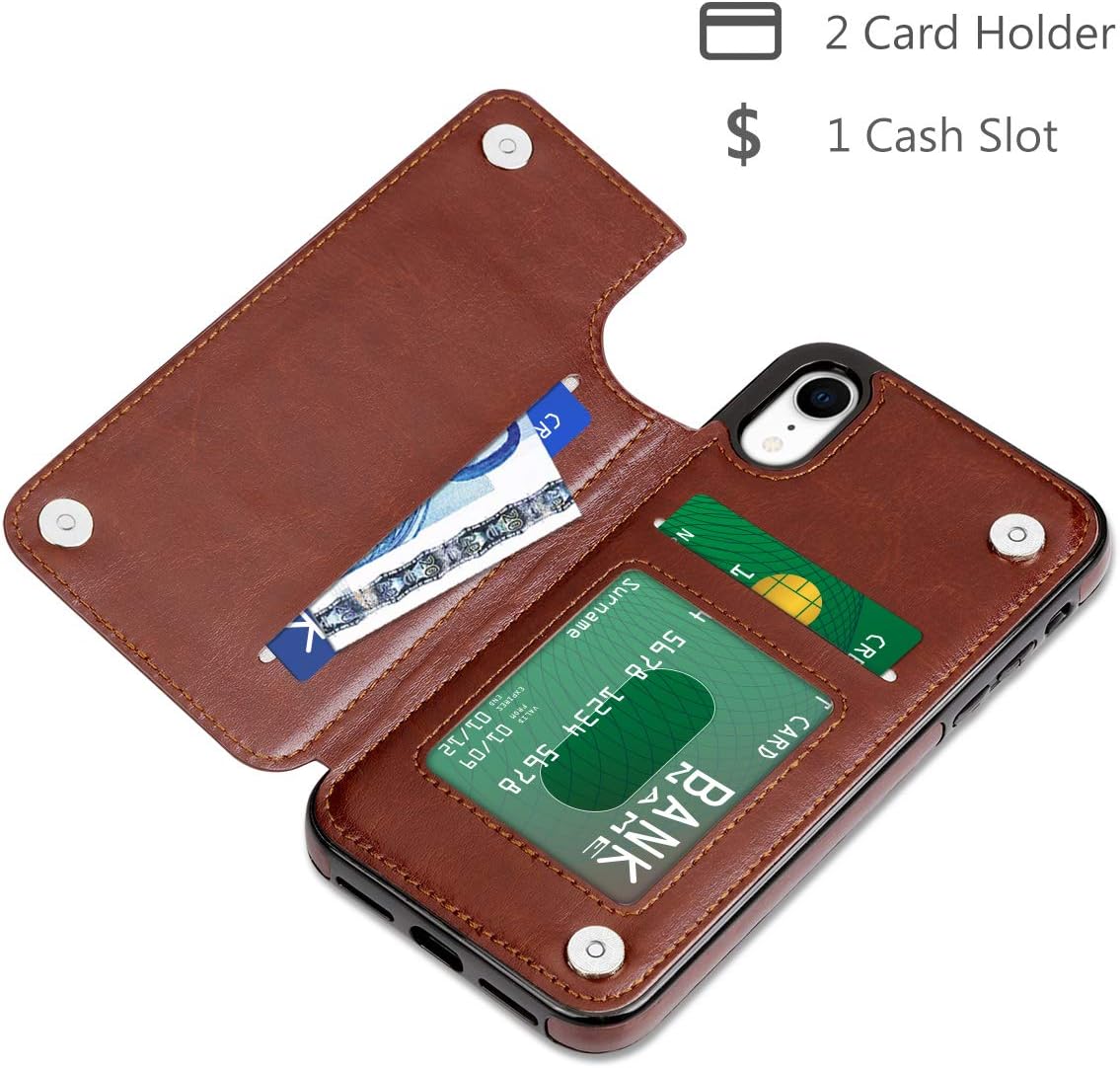 HianDier Wallet Case for iPhone XR, PU Leather Flip Case with Credit Card Slot Cash Holder Pocket Soft Magnetic Closure Protective Cover Case Compatible with iPhone XR 6.1 inches (2018), Brown
