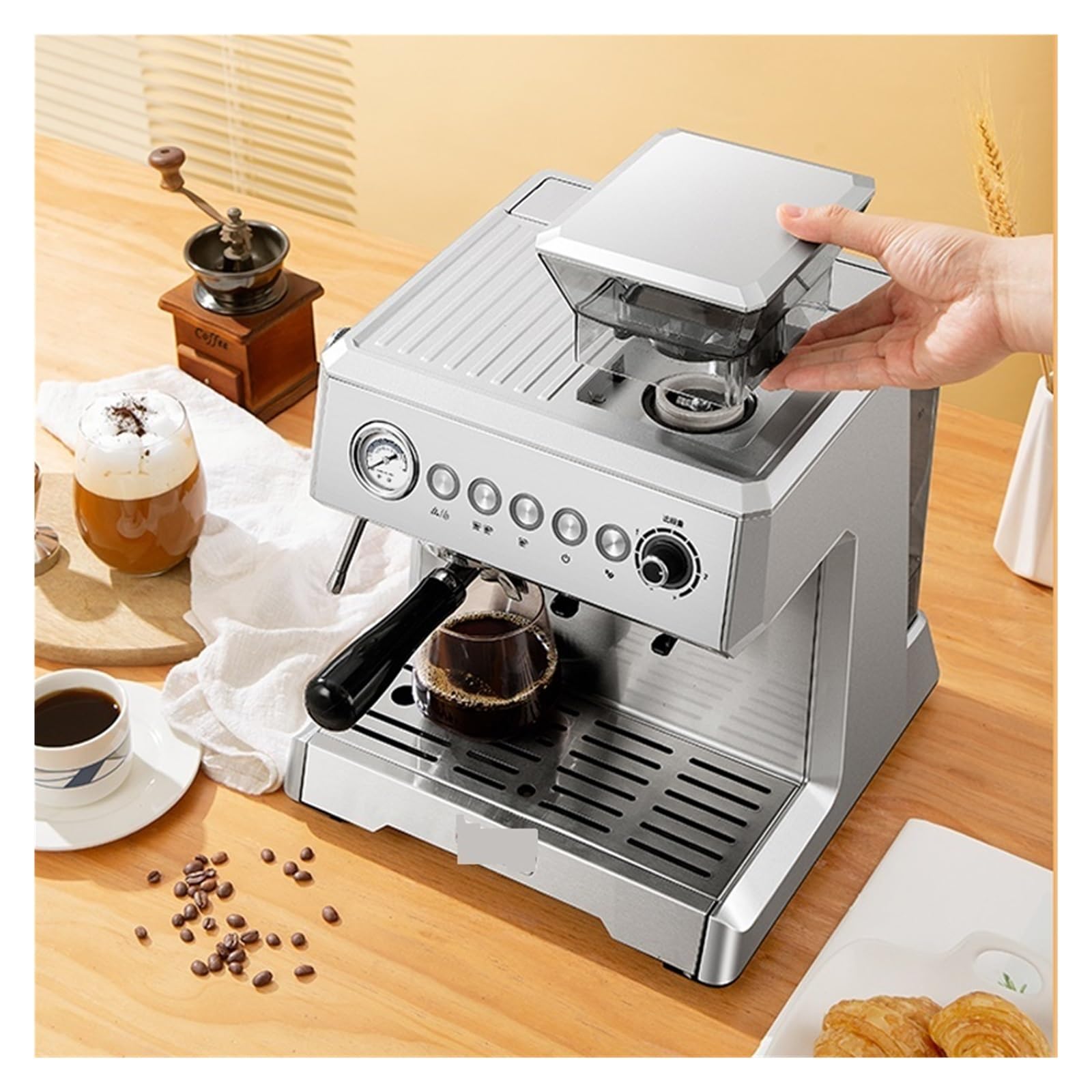 Cafetera Espresso Semiautomática con Bomba De 20 Bares De Presión, Molinillo Y Vaporizador De Leche.