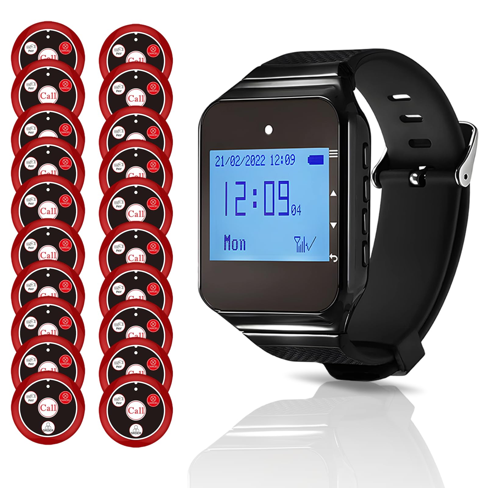 HCLSHOP Wireless Calling System,Restaurant Paging System Wrist Pager Rechargeable Battery 1 Receiver 20 Call Button for Restaurant Hotel Clinic