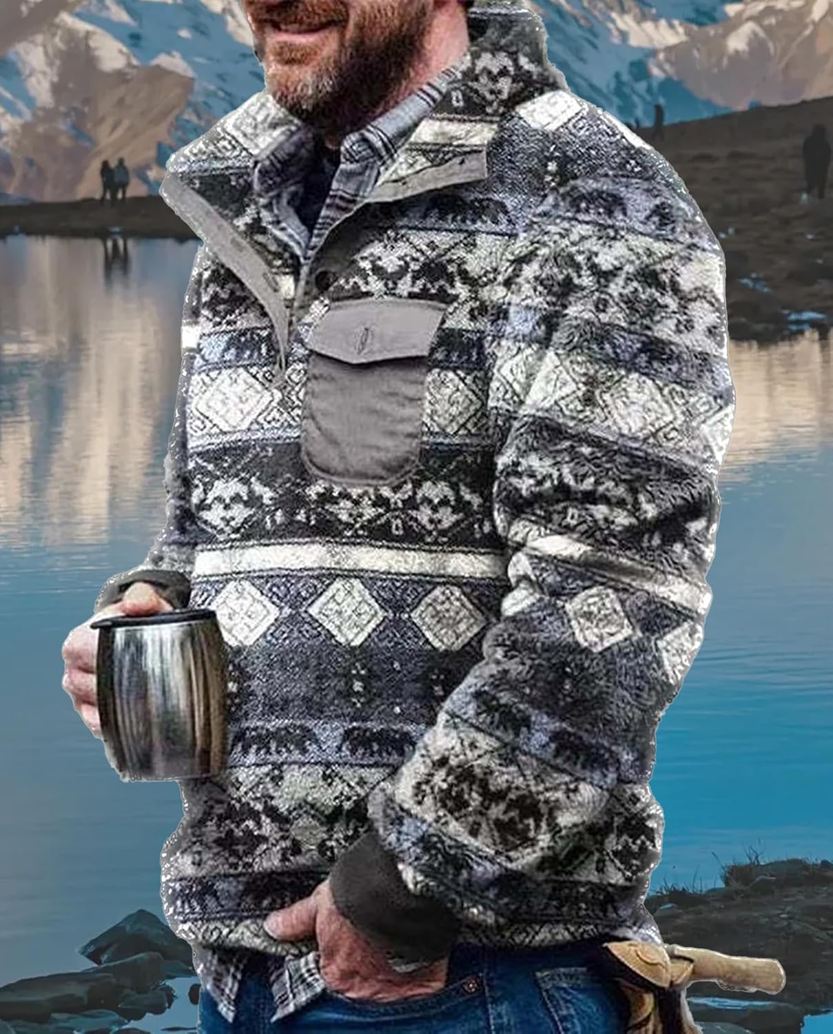 Zhyaj Western Fleece Sweatshirts for Men Vintage Aztec Print Pullover Gray Geometric Sweatshirts Casual Mens Sherpa Pullover Sweatshirts - Image 3