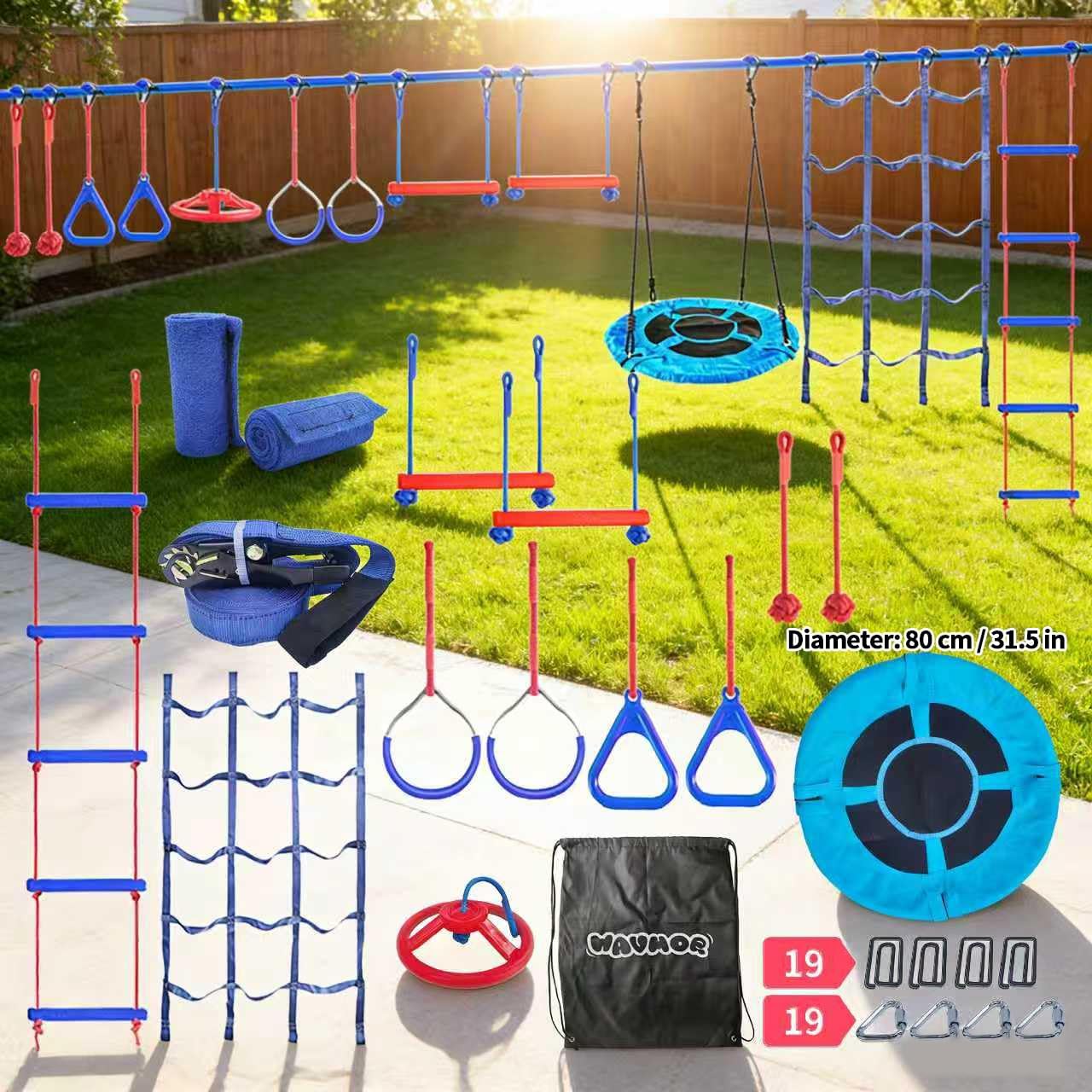 65 FT Ninja Warrior Obstacle Course Swing Set for Kids with 12 Obstacles,Outdoor Playset with Monkey Bars for Backyard