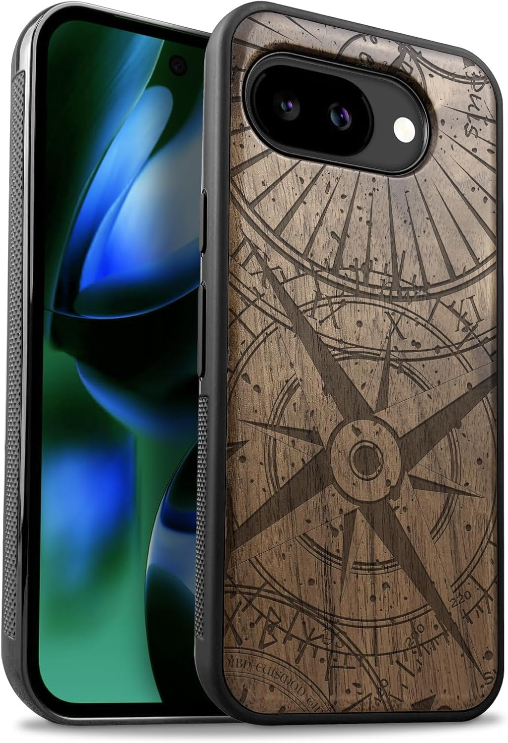 Carveit Magnetic Wooden Case for Google Pixel 10a Case, Wood Artisan Engraved & Soft TPU Shockproof Cover, Compatible with MagSafe Wireless Chargers (Compass Rose Voyager) Rosy