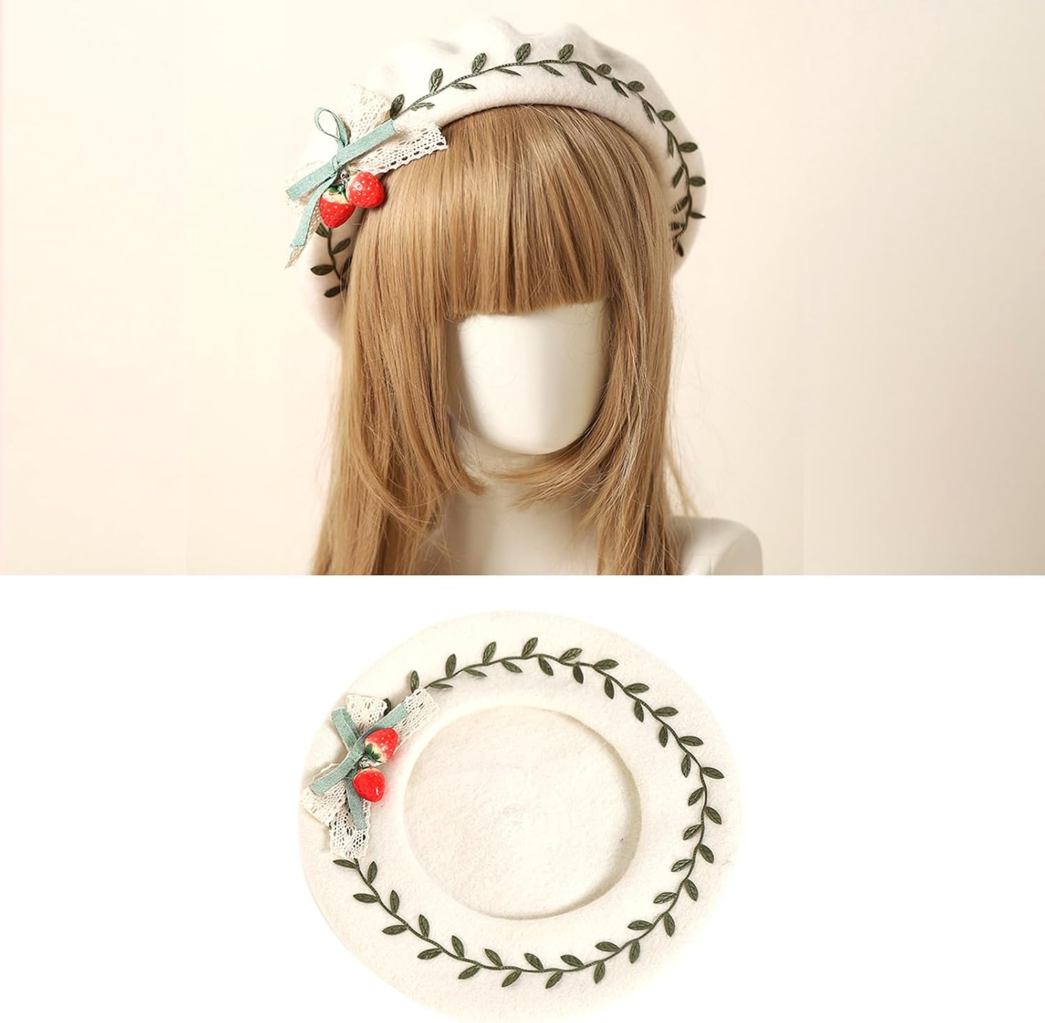 Cute Bowknot Elegant Strawberry Green Hat Wool Painter Wild for Girls Friend Family Gathering Octagona
