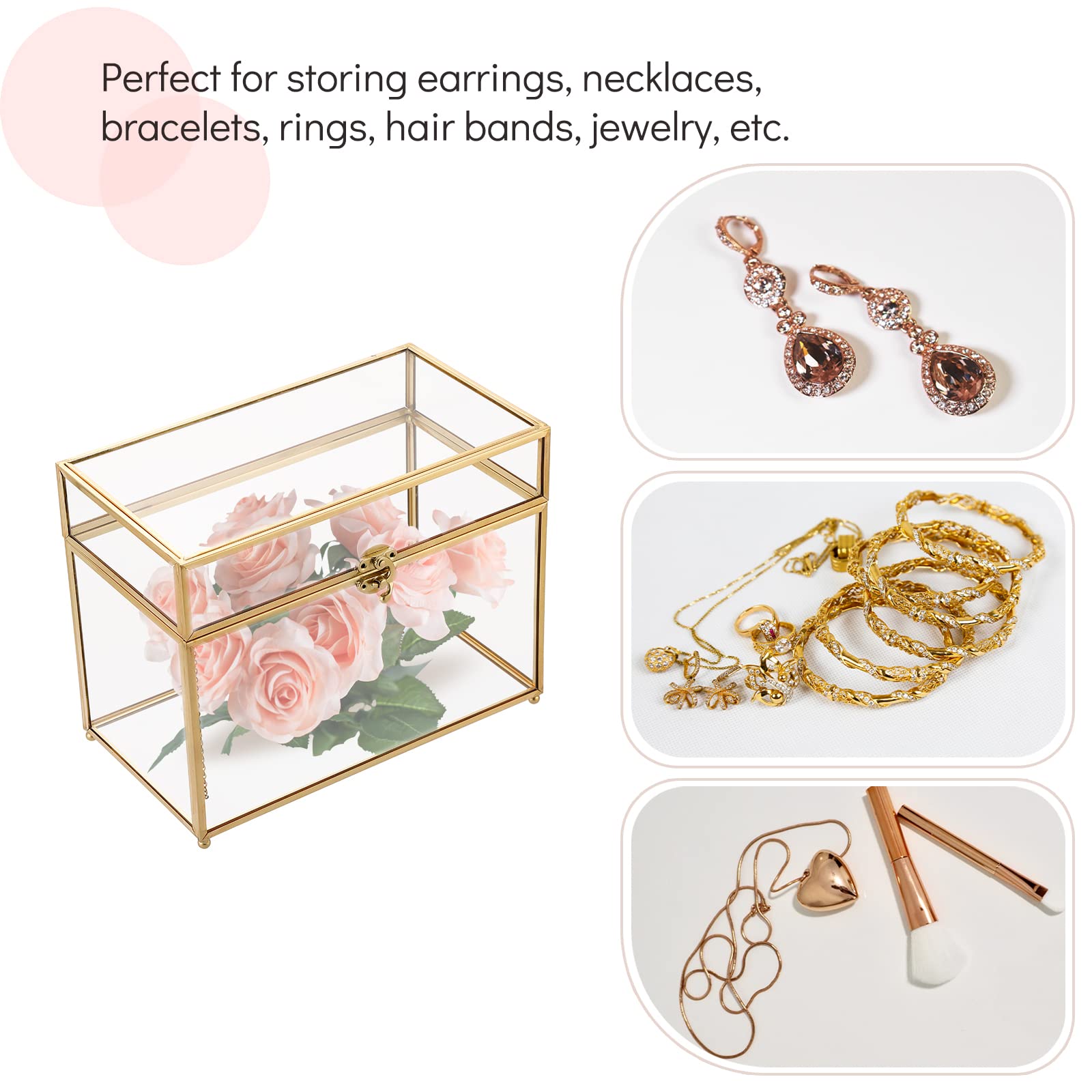 Caja de recuerdo de cristal vintage dorada | Caja para tarjetas de boda, caja de vidrio con tapa decorativa para exhibición, caja rectangular transparente, anillos, pulseras, organizador de 5