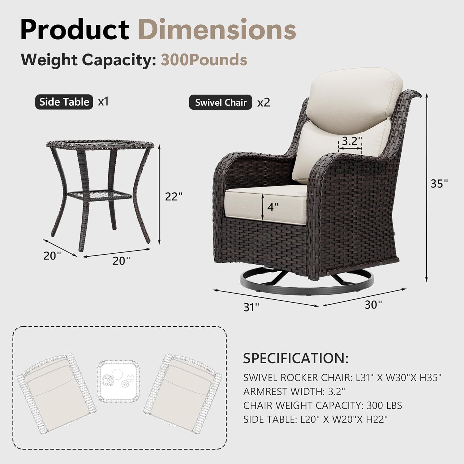 Patio Swivel Chairs Set of 2 and Side Table, Outdoor Swivel Rocker Patio Chairs with High Back and Thick Cushions, Wicker Patio Furniture Set for Porch, Deck Use (Beige, 3 PCS)