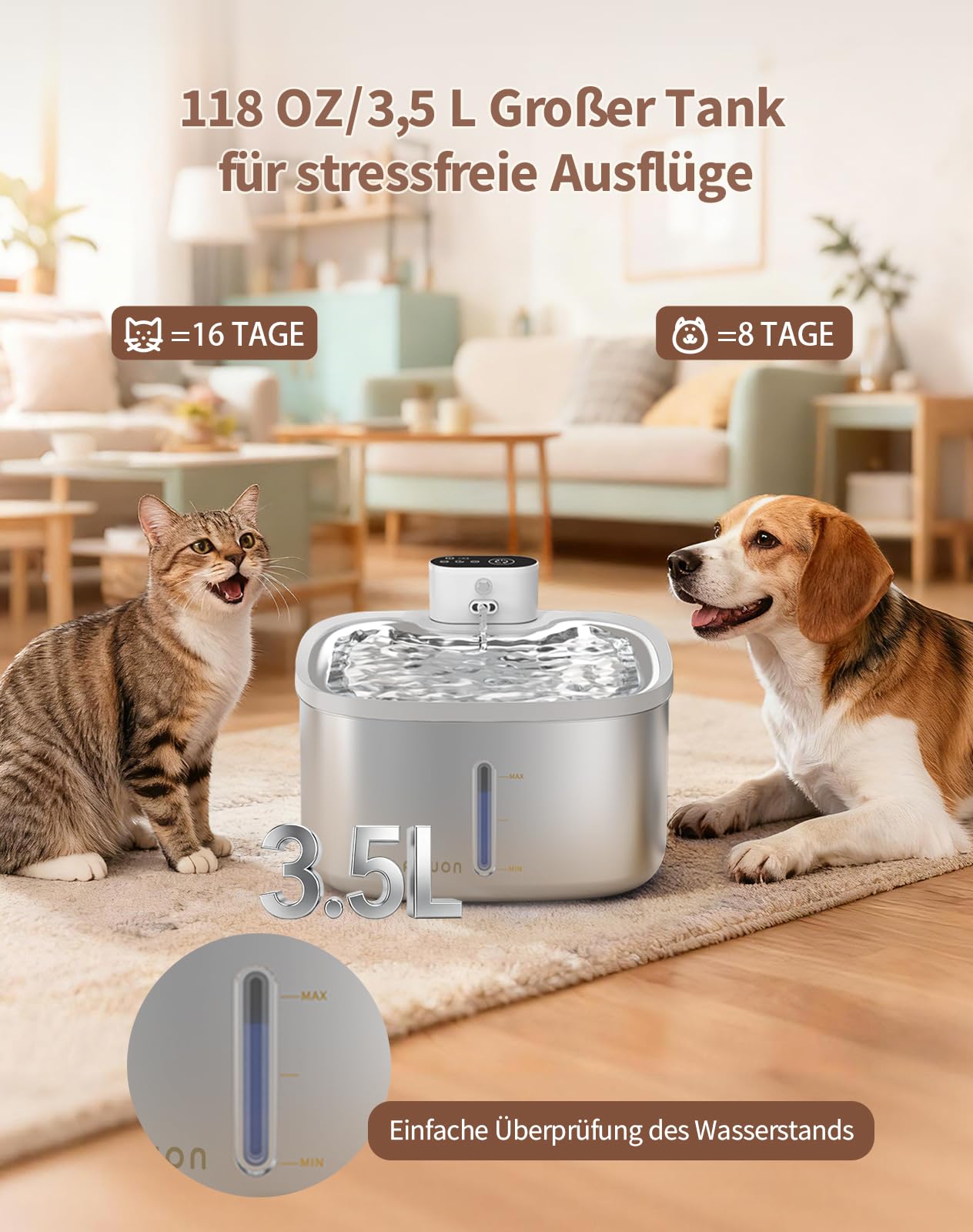 Trinkbrunnen Für Katze Kabellos, 3.5L katzenbrunnen Edelstahl, Drahtlos & Ultra-leise mit Sensor- und Zeitmodus, Batteriebetrieben für Katzen, leicht zu reinigen-W04 (Katzenbrunnen+2Filter)