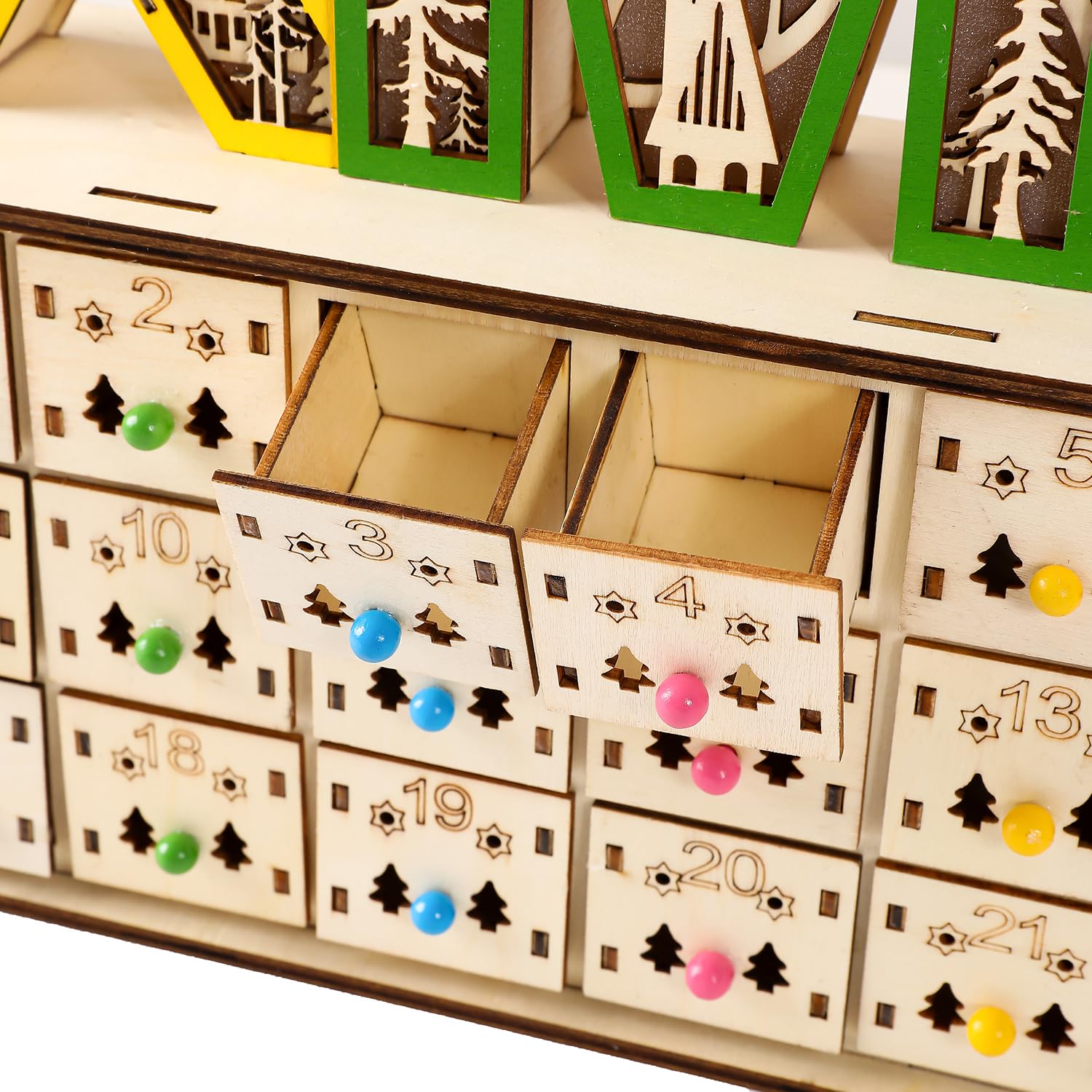 Leerer Adventskalender aus Holz mit Schubladen, 24 Tage Countdown bis Weihnachten, 39,9 x 26,9 x 7,9 cm