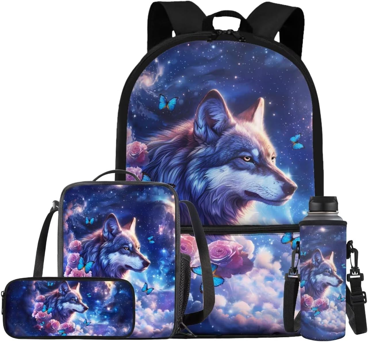 Wolf Backpack for Girls Kids Backpack with Lunch Box Water Bottle Pouch and Big Pencil Case 4PCS Set Bookbag with Front Pocket for School Teens 17" Large Capacity School Bag with Side Pocket