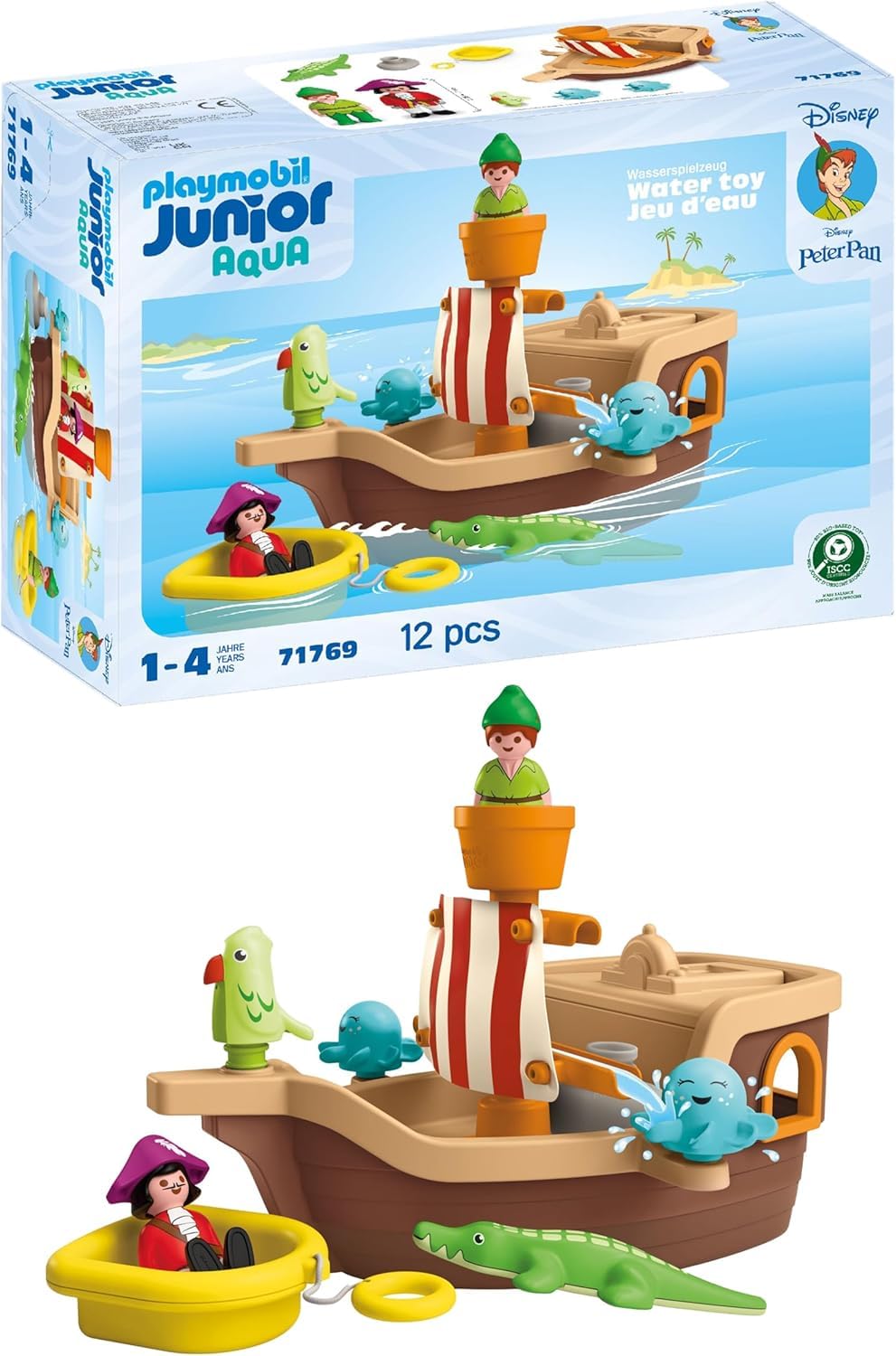 PLAYMOBIL JUNIOR & Disney Statek piracki Peter Pans, zrównoważona zabawka od 1 roku, prezent dla małych dzieci, wspomaga motorykę i odgrywanie ról, statek piracki z figurkami i akcesoriami 71769