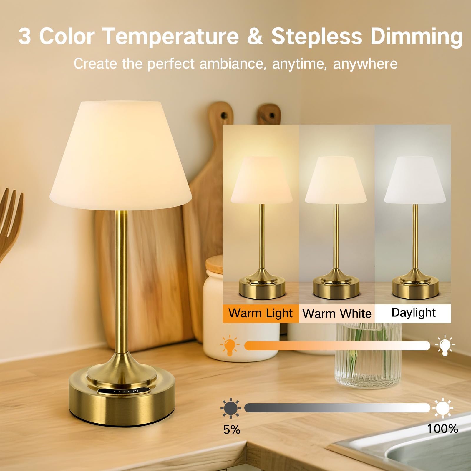 OUTON Pack 2 Lámparas de Mesa LED Sin Cable – Indicador de Batería, Regulación Táctil, USB-C, 3 Tonos (3000–6000K), IP54, Hasta 53h de Autonomía, para Dormitorio, Baño, Terraza (Oro)