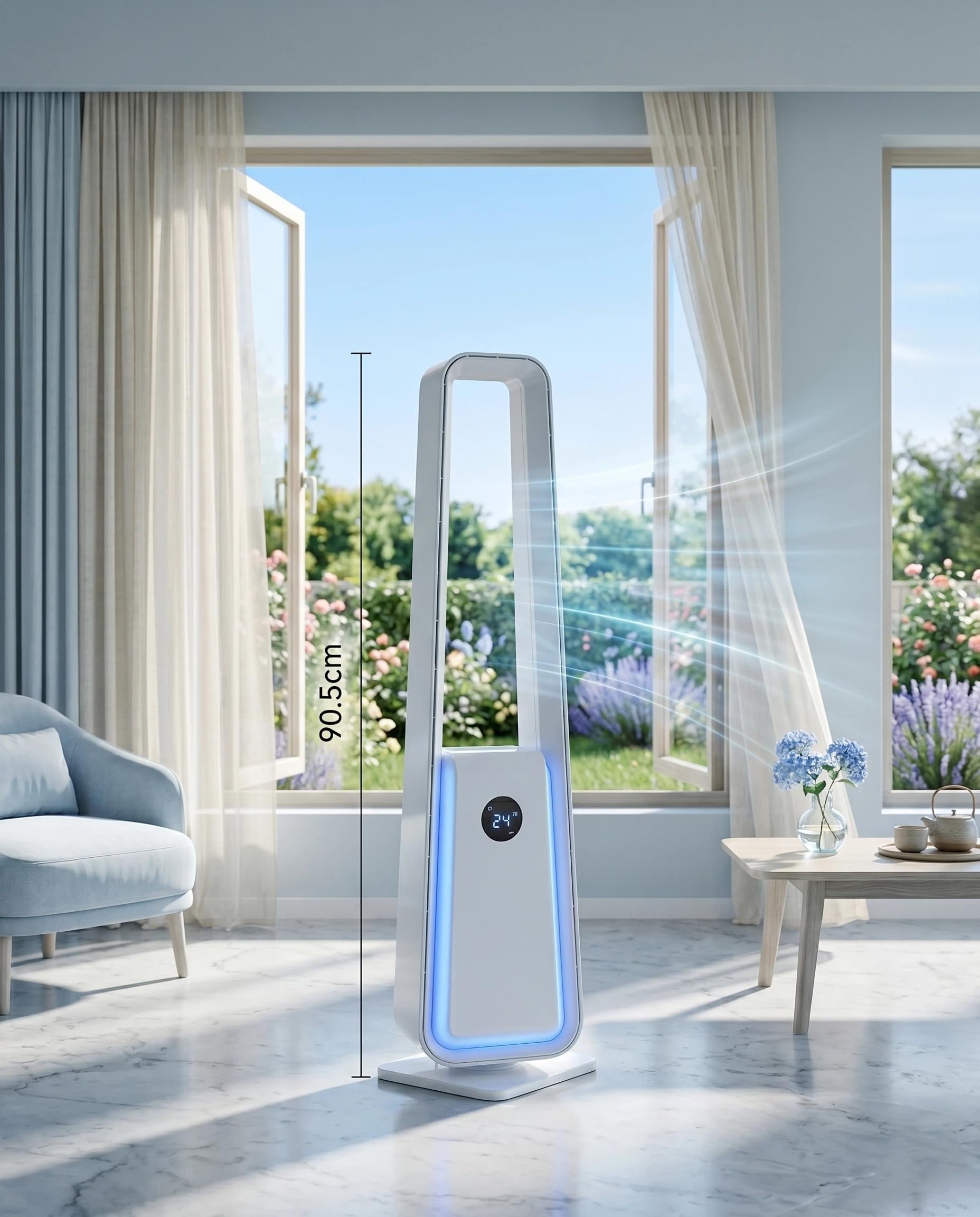ThomP Ventilatore a Torre Senza Pale – Funzionamento Silenzioso, 24 Velocità, 3 Modalità, Oscillazione 75°, Timer 12H, 4 Colori LED, Telecomando per soggiorno, ufficio e camera