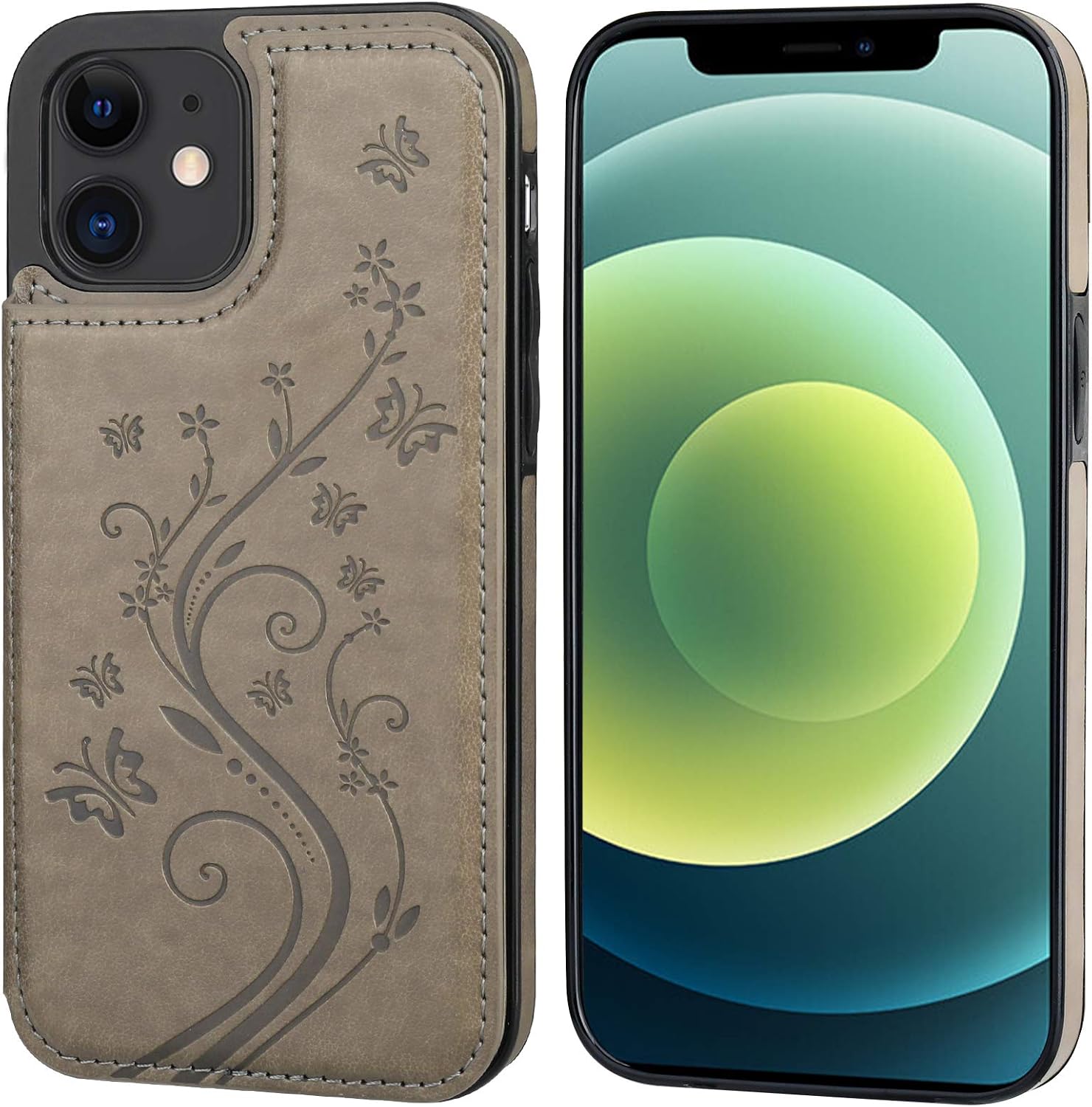 Vaburs Compatible with iPhone 12 and iPhone 12 Pro Case Wallet with Card Holder,Embossed Butterfly Pattern PU Leather Double Magnetic Buttons Flip Shockproof Cover 6.1 Inch(Gray)