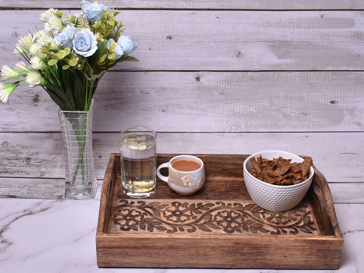 STORE INDYA Rustic Large Wooden Serving Tray Platter for Tea Snack Dessert with Handle Hand Carved Floral Design. Kitchen Dining Serve-Ware Accessories 14 x 10 Inches